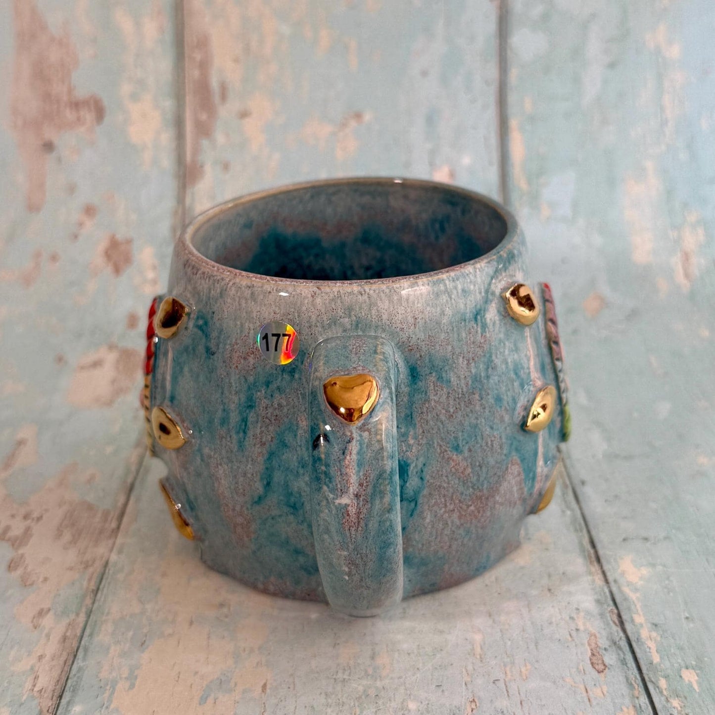 Mystical Heart Mug, Handmade Teal and Rainbow Ceramic Cup - Second