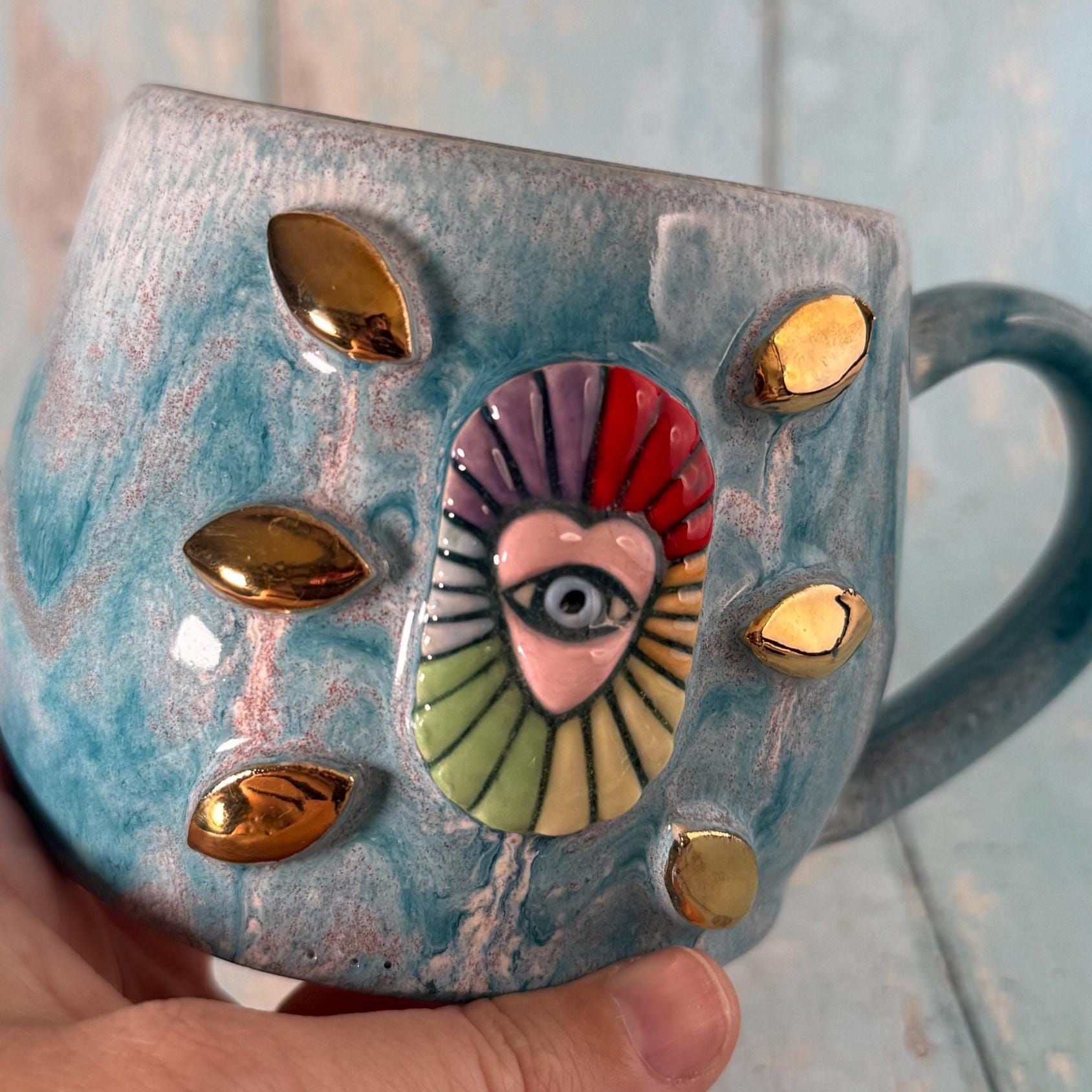 Mystical Heart Mug, Handmade Teal and Rainbow Ceramic Cup - Second