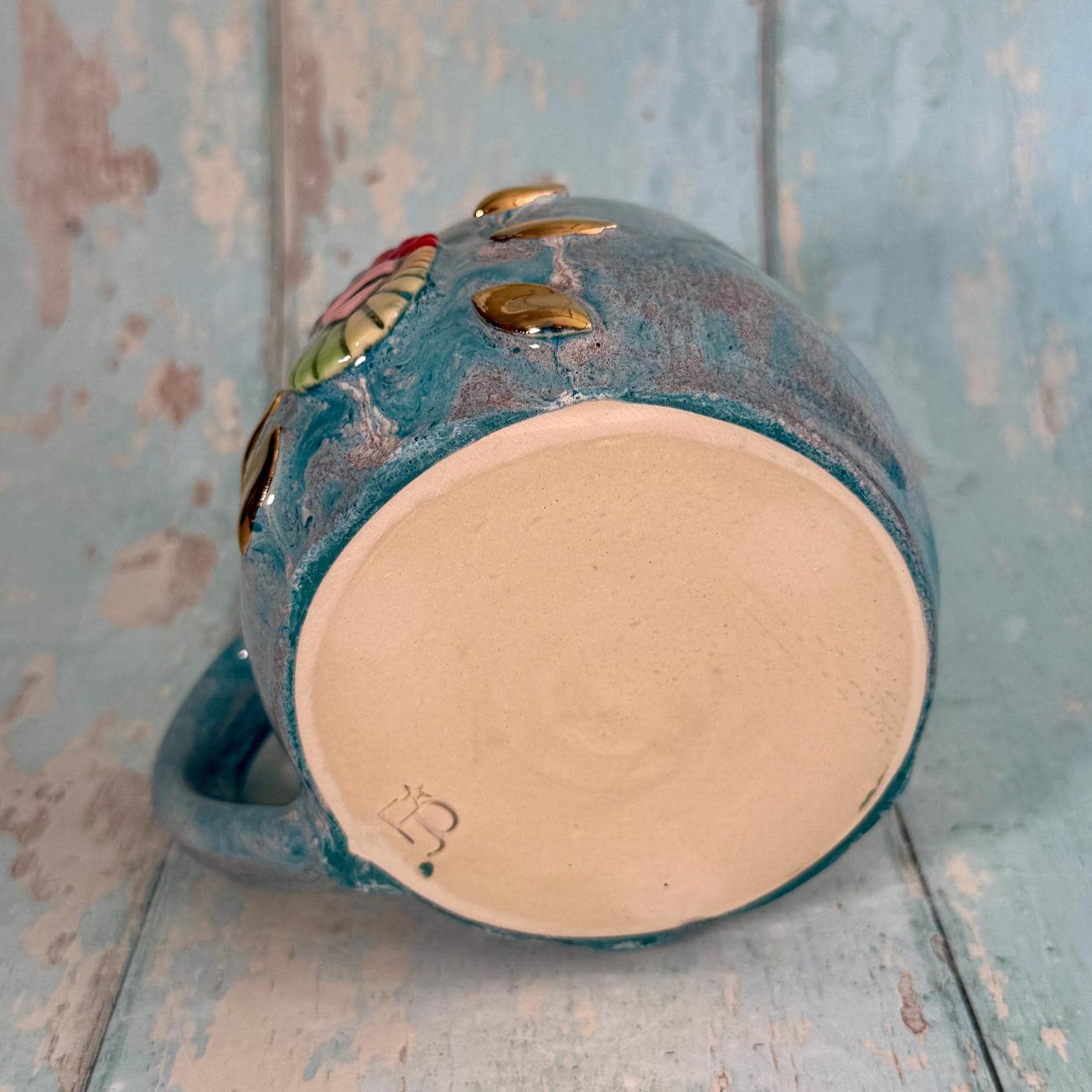 Mystical Heart Mug, Handmade Teal and Rainbow Ceramic Cup - Second