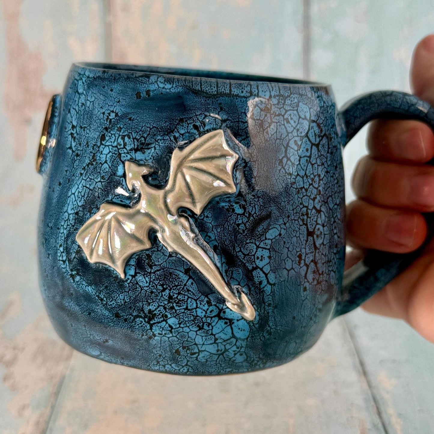 Handmade Blue Dragon Mug, Large Ceramic Cup