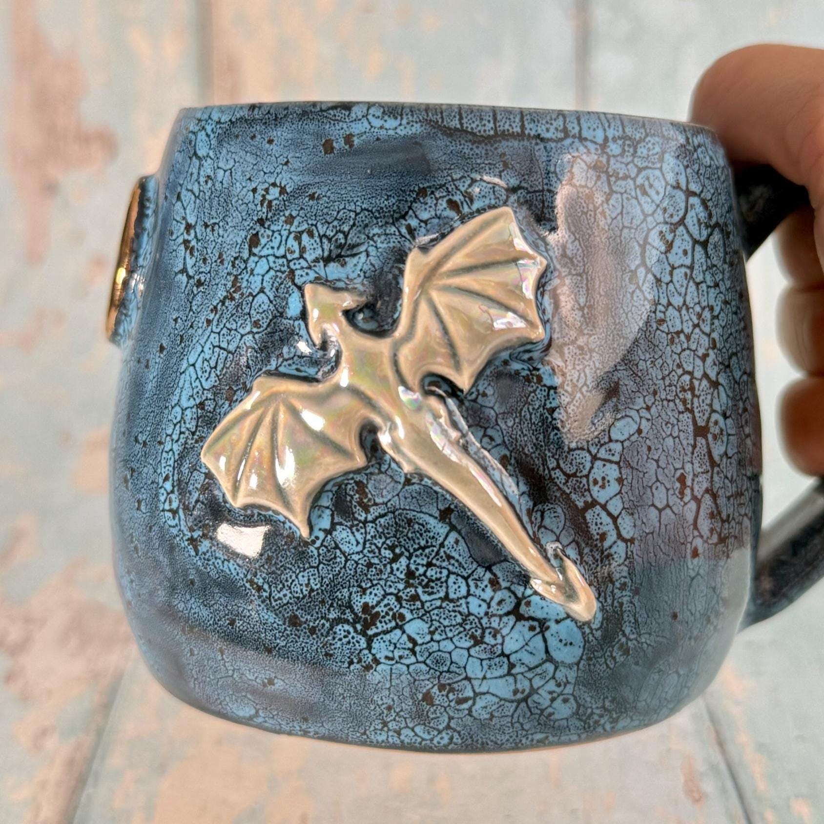 Handmade Blue Dragon Mug, Large Ceramic Cup
