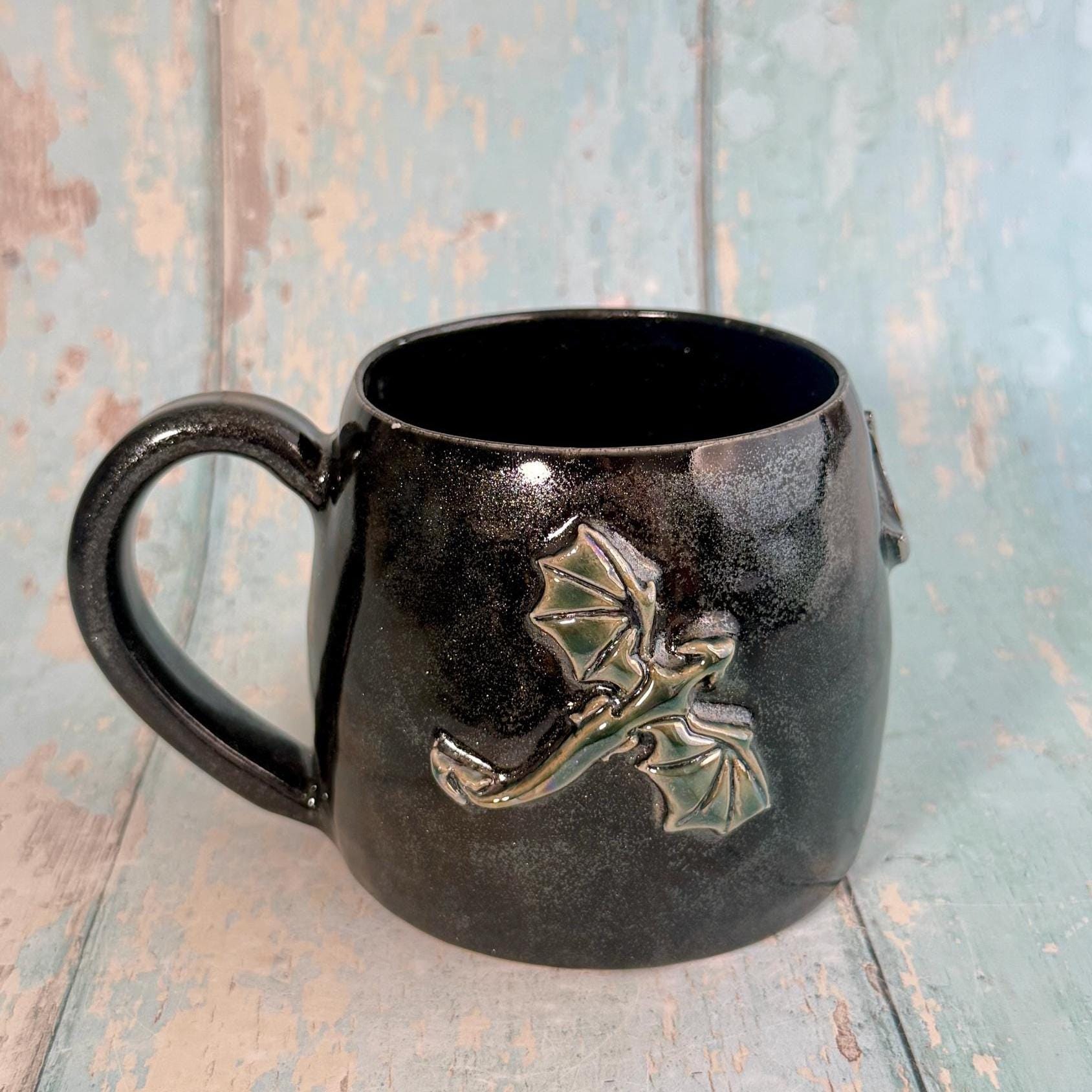 Handmade Black Glittery Dragon Mug, Large Ceramic Cup