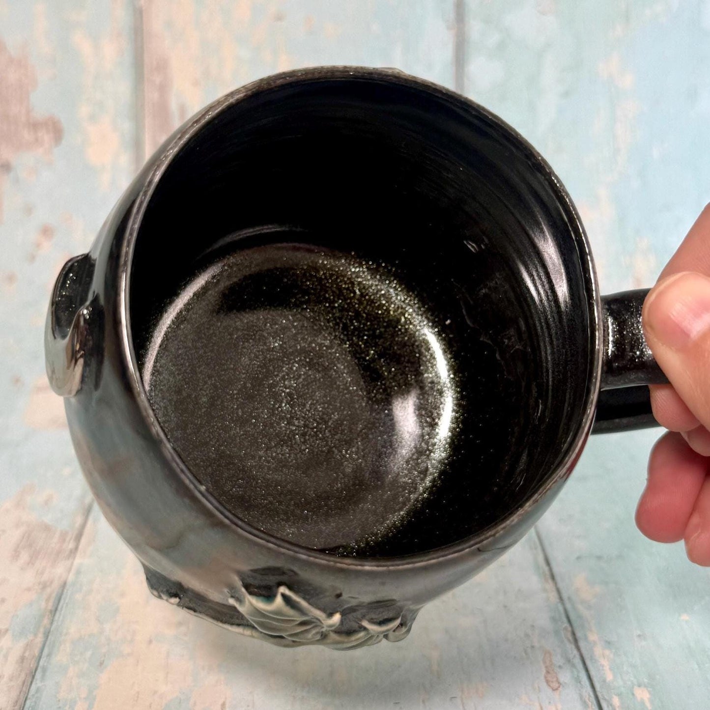 Handmade Black Glittery Dragon Mug, Large Ceramic Cup