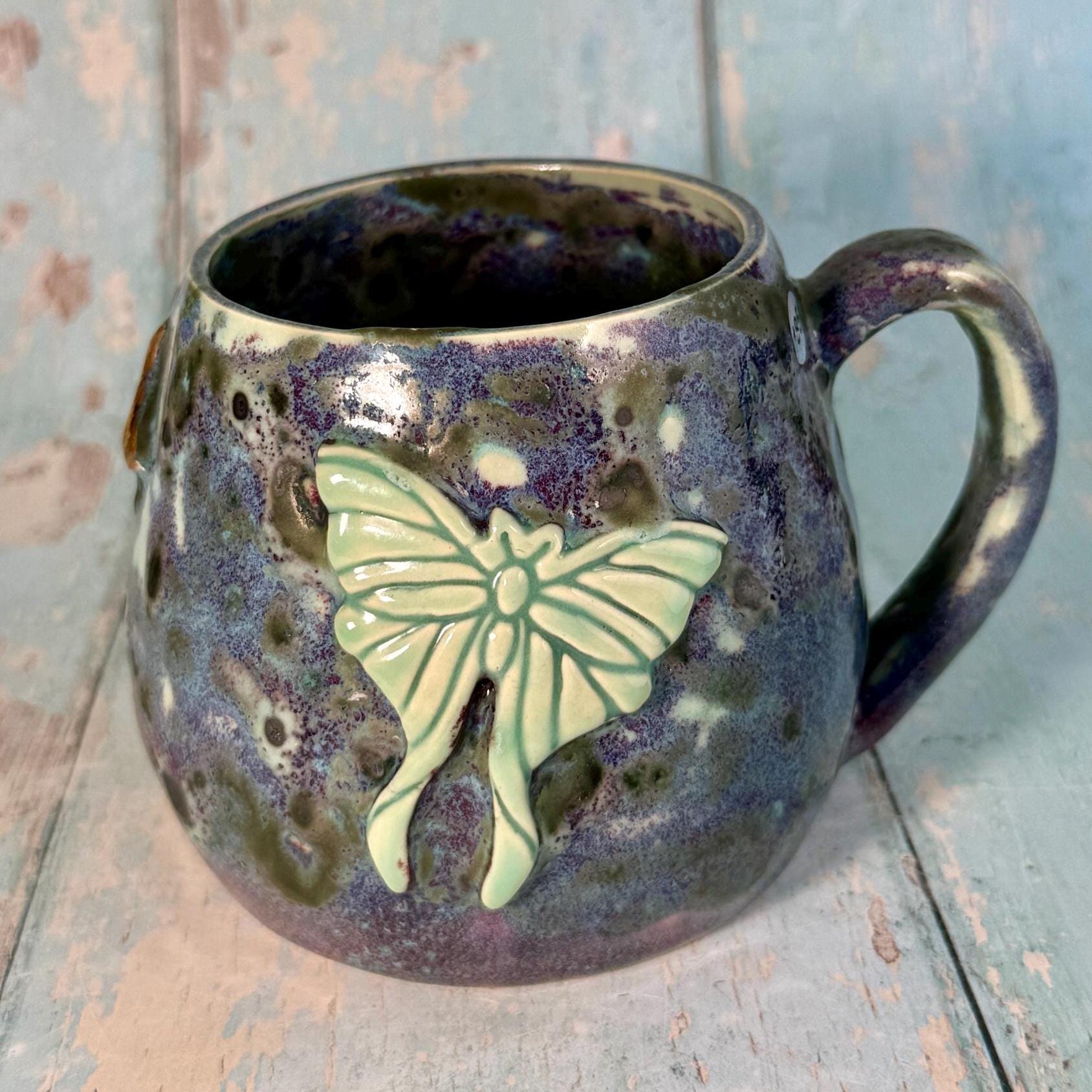 Purple and Green Luna Moth Mug, Large Ceramic Cup - Second