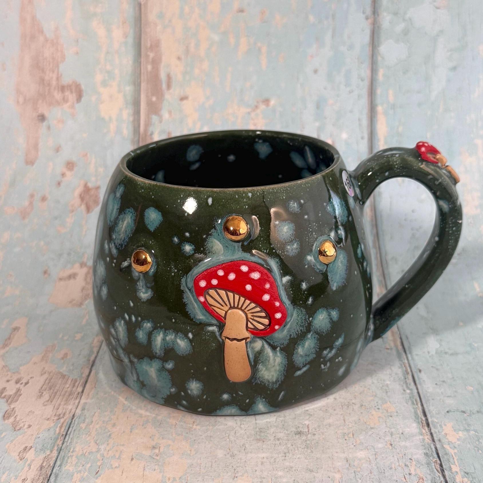 Green and Red Mushroom Mug, Fungi Ceramic Cup