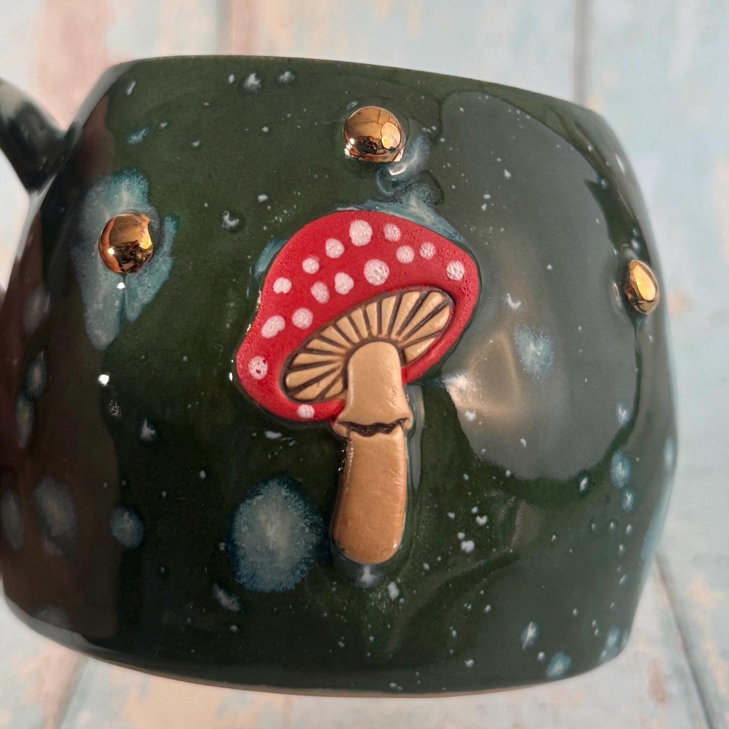Green and Red Mushroom Mug, Fungi Ceramic Cup