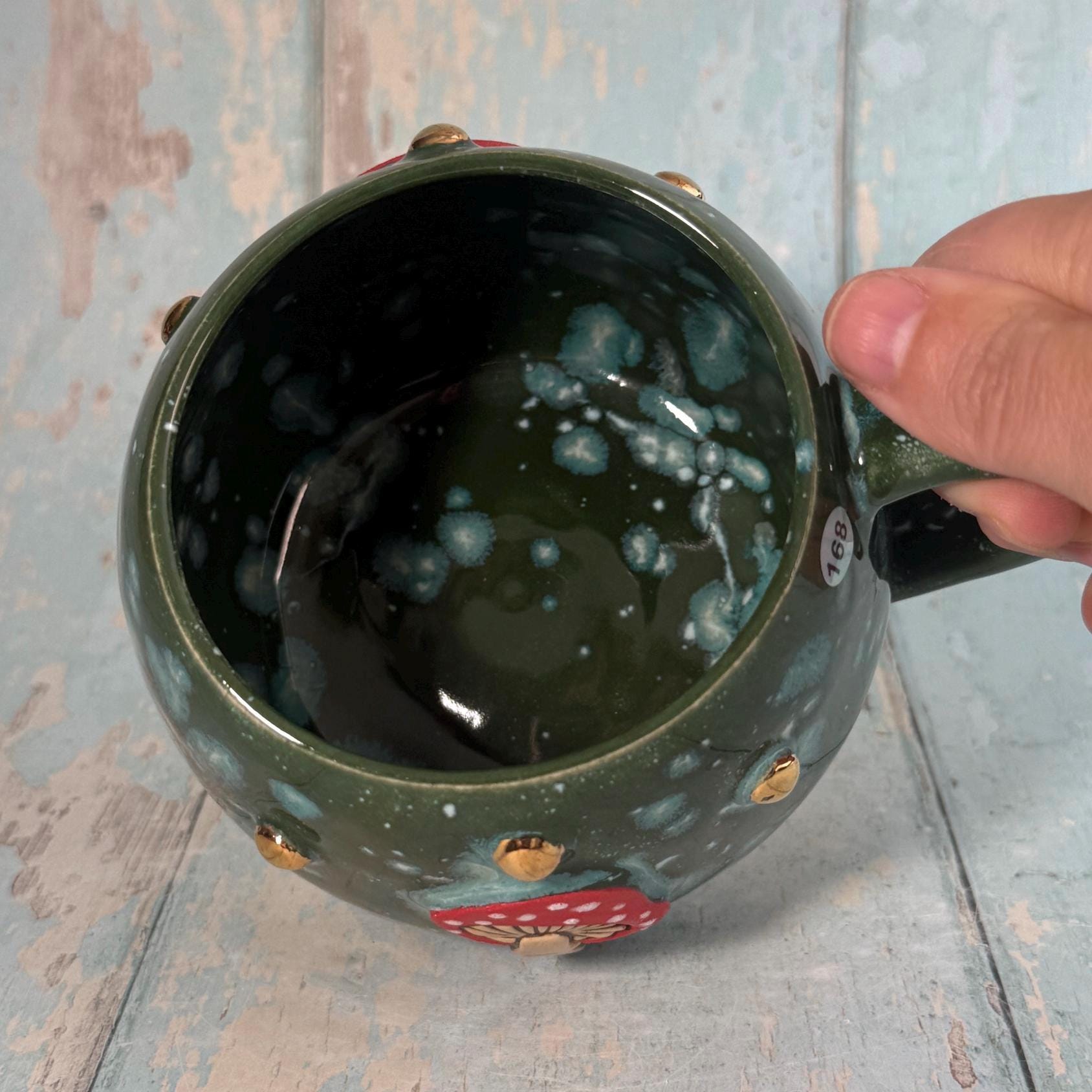 Green and Red Mushroom Mug, Fungi Ceramic Cup