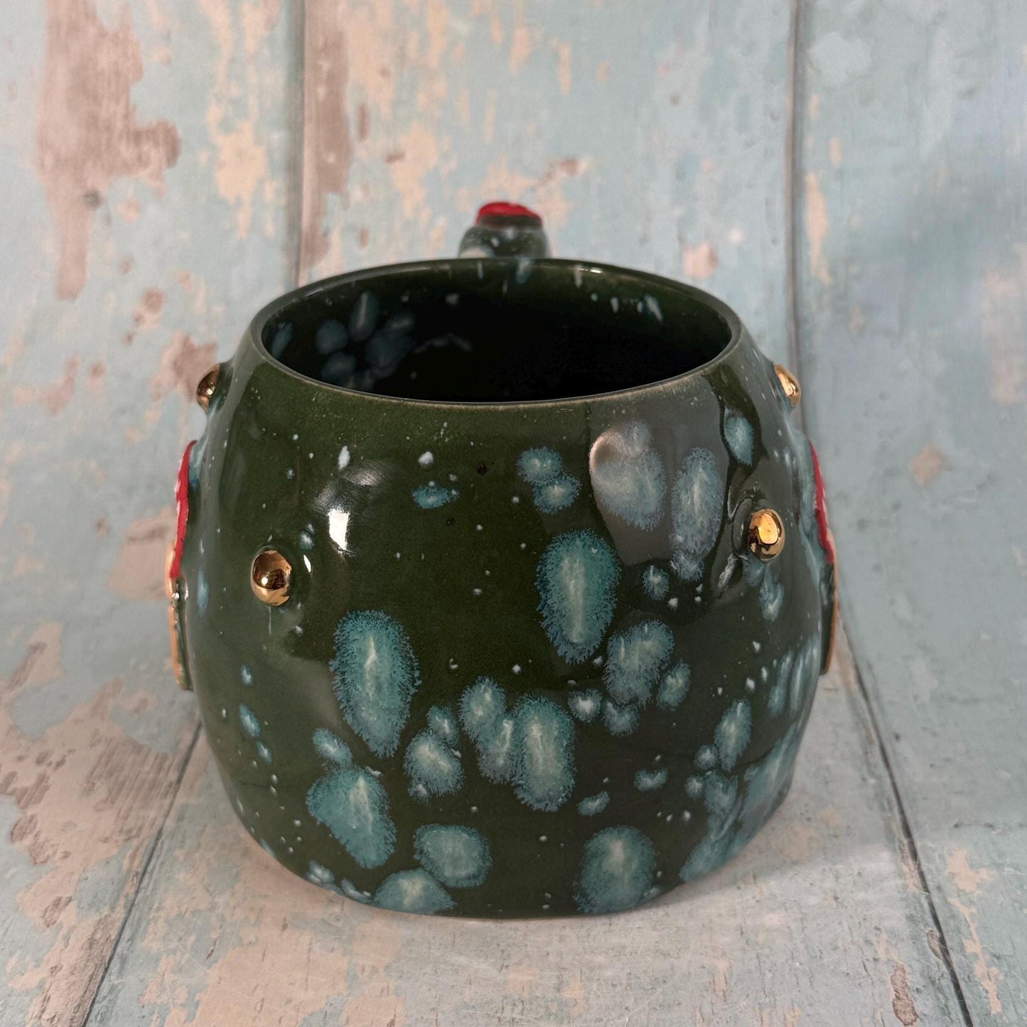 Green and Red Mushroom Mug, Fungi Ceramic Cup