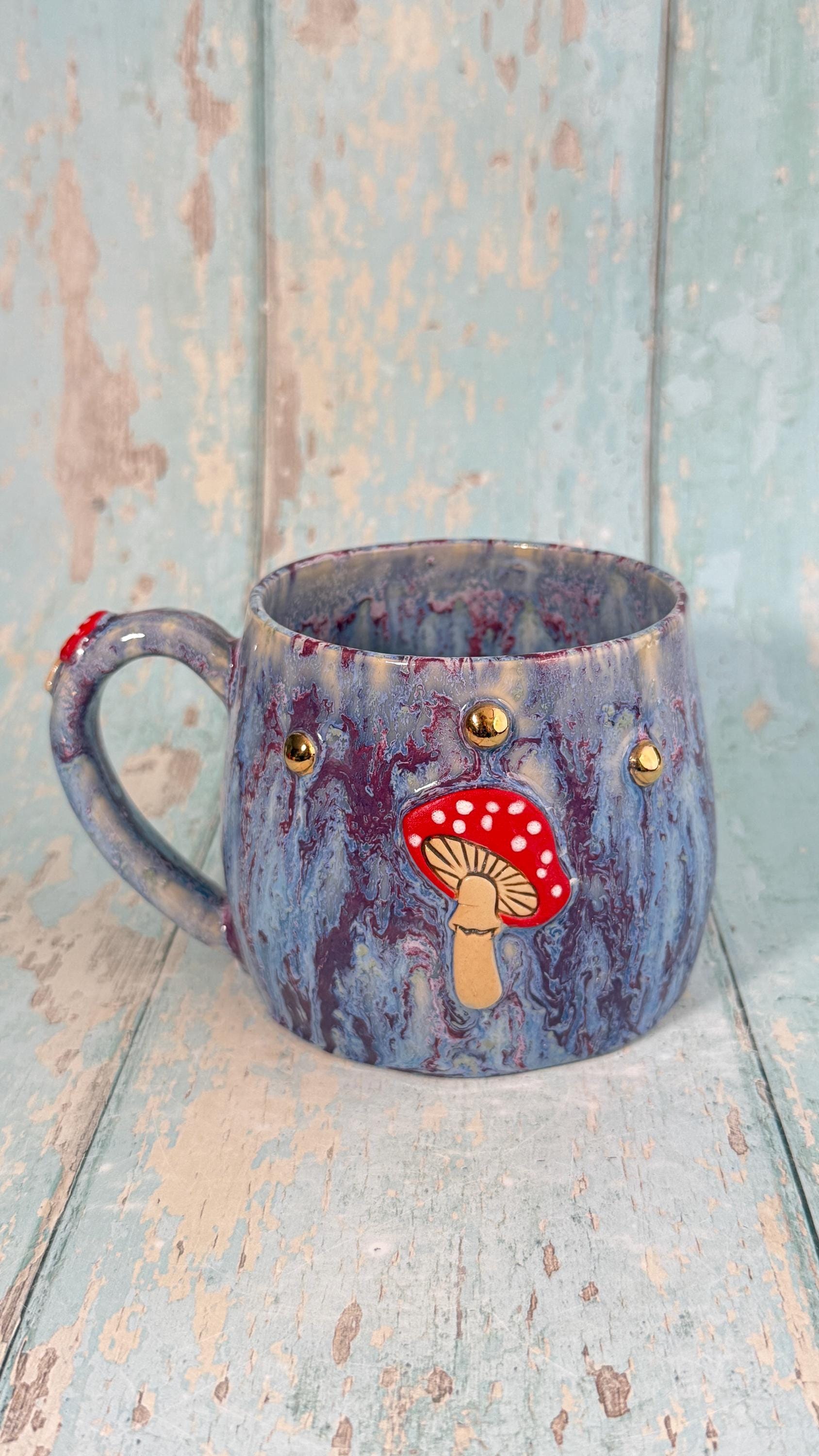 Purple and Red Mushroom Mug, Fungi Ceramic Cup