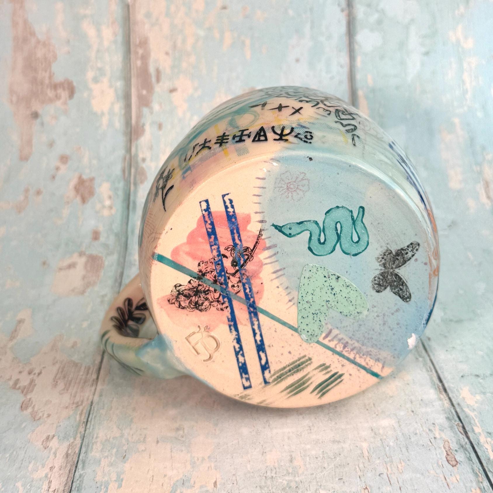 Blue Collage Mug, Handmade Ceramic Cup