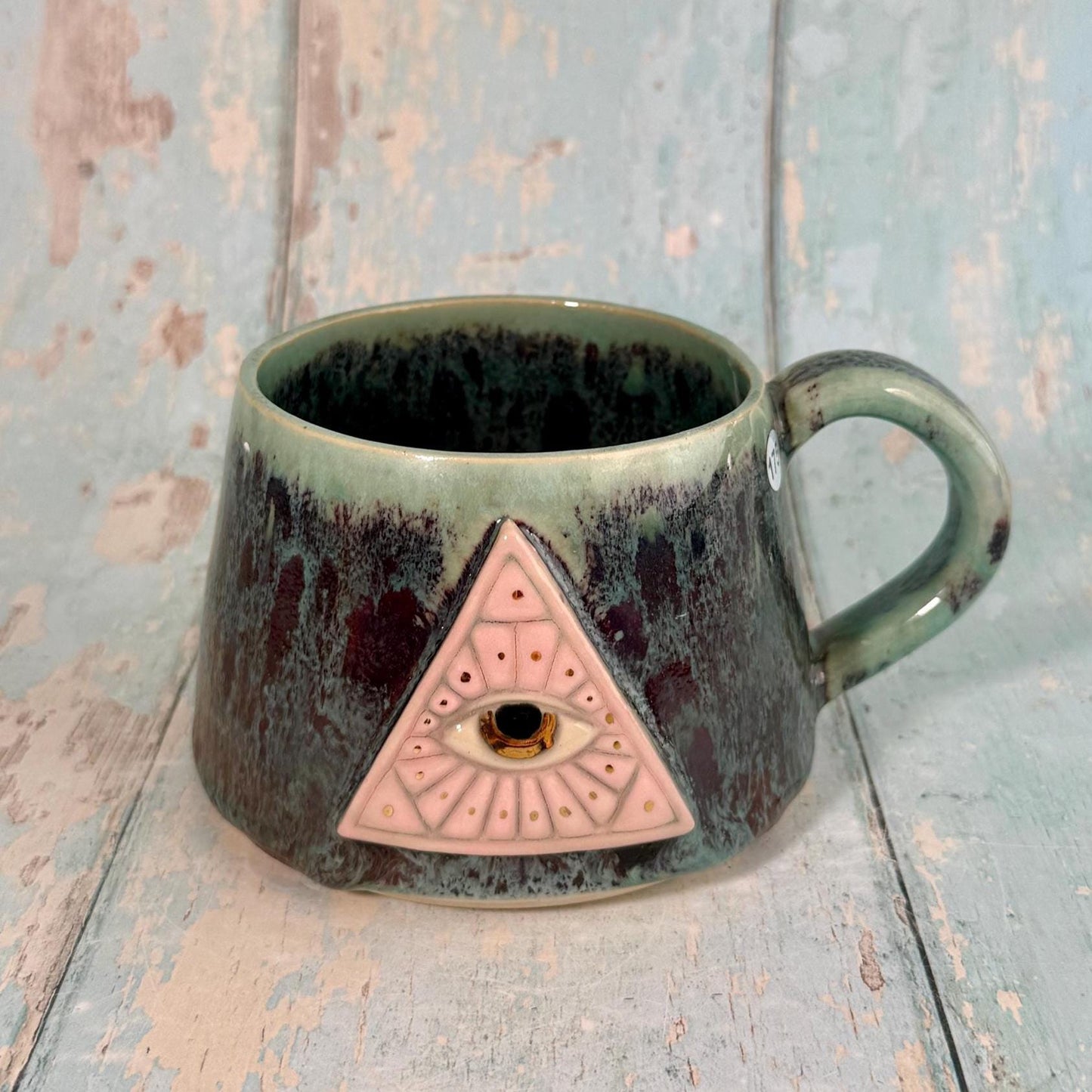 Mystical Pyramid Mug, Handmade Green, Pink and Red Ceramic Cup
