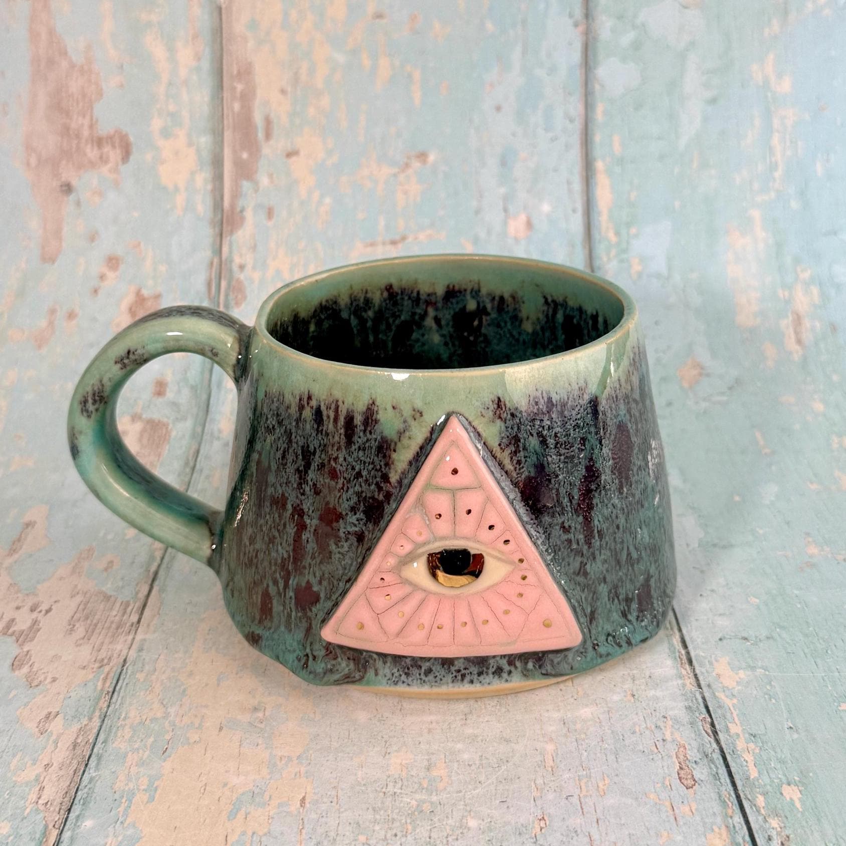 Mystical Pyramid Mug, Handmade Green, Pink and Red Ceramic Cup
