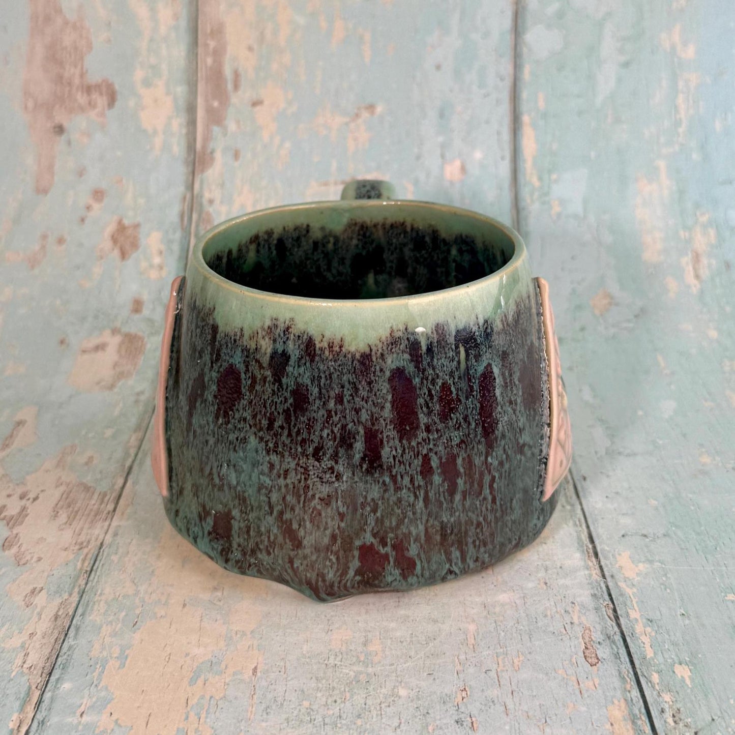 Mystical Pyramid Mug, Handmade Green, Pink and Red Ceramic Cup