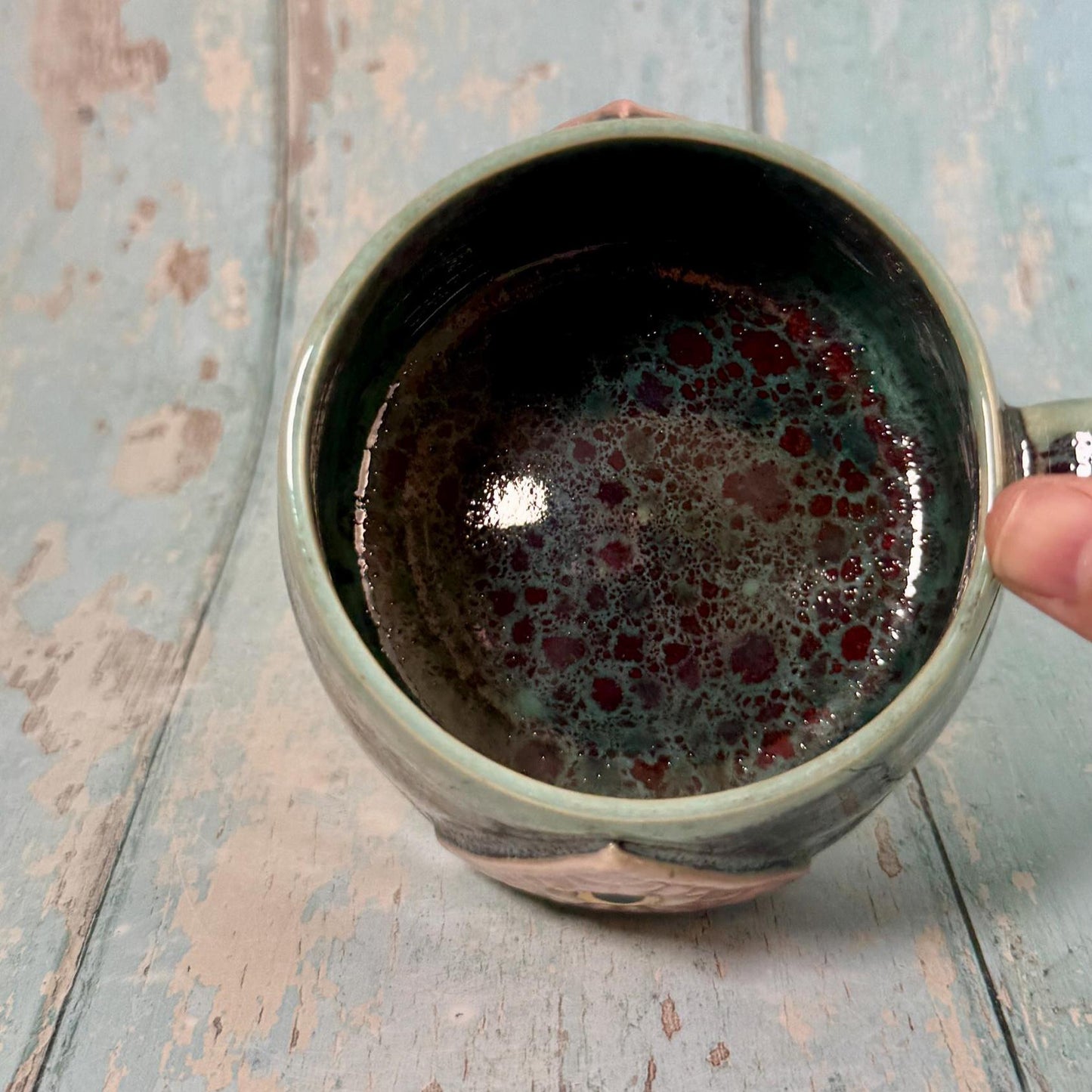 Mystical Pyramid Mug, Handmade Green, Pink and Red Ceramic Cup