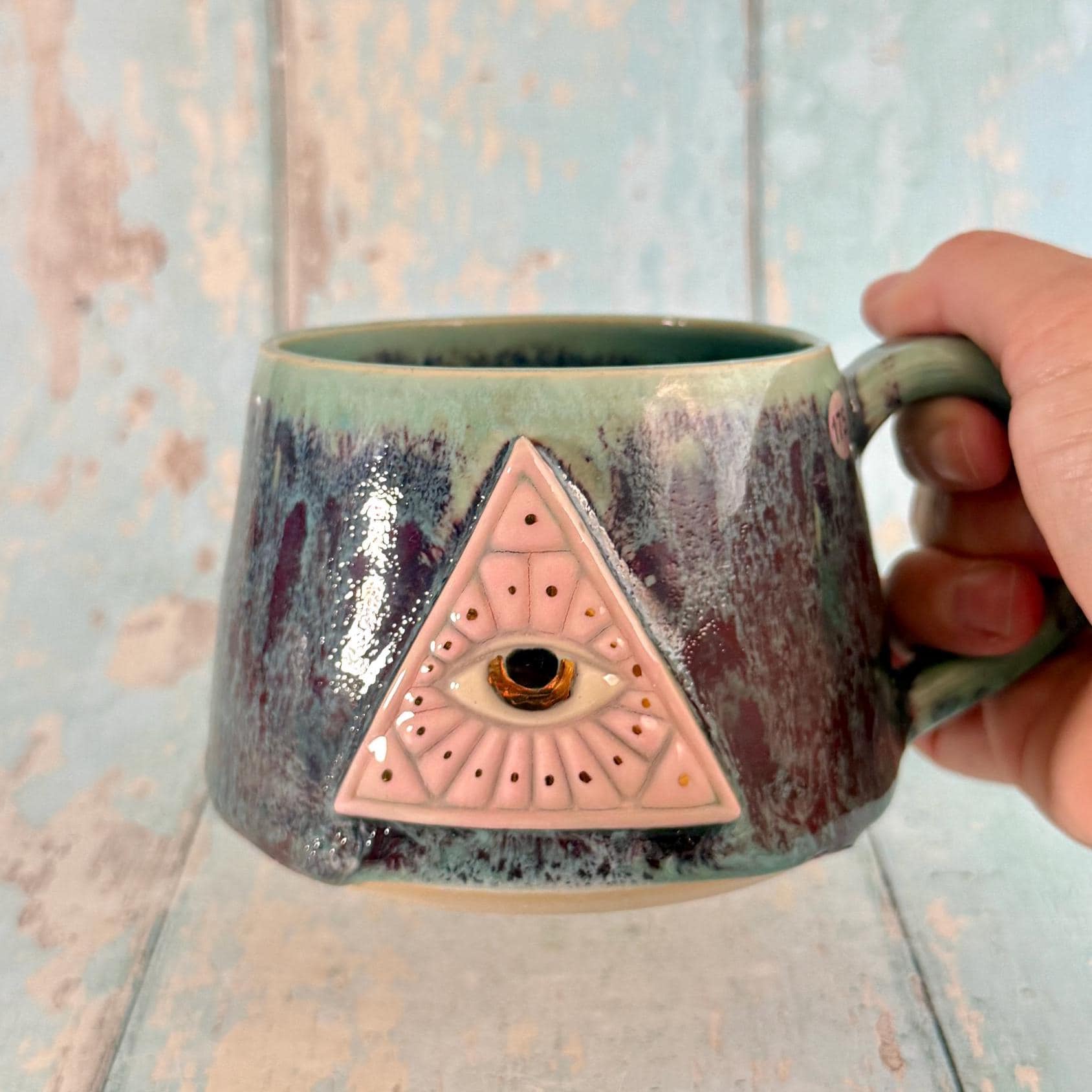 Mystical Pyramid Mug, Handmade Green, Pink and Red Ceramic Cup