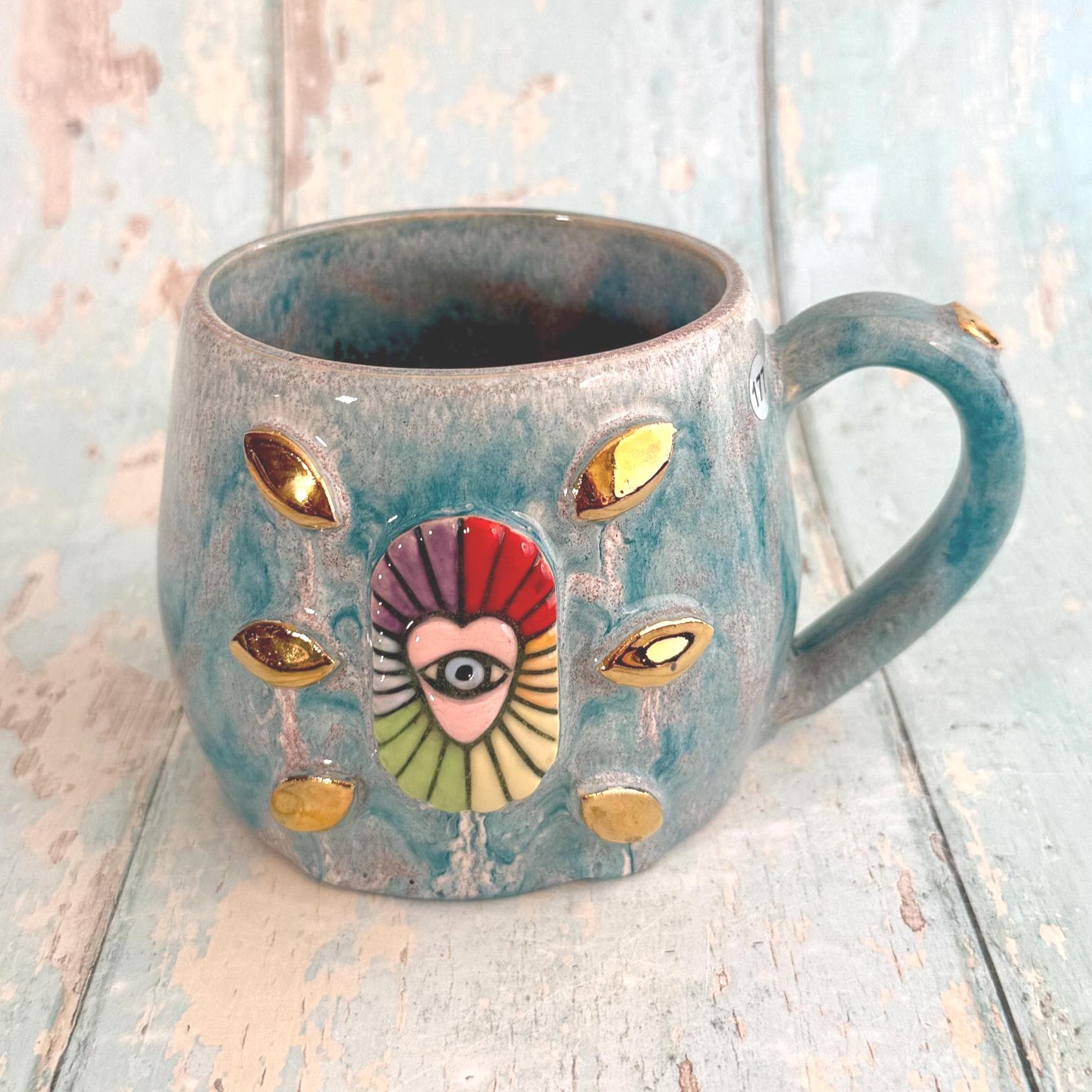 Mystical Heart Mug, Handmade Teal and Rainbow Ceramic Cup - Second
