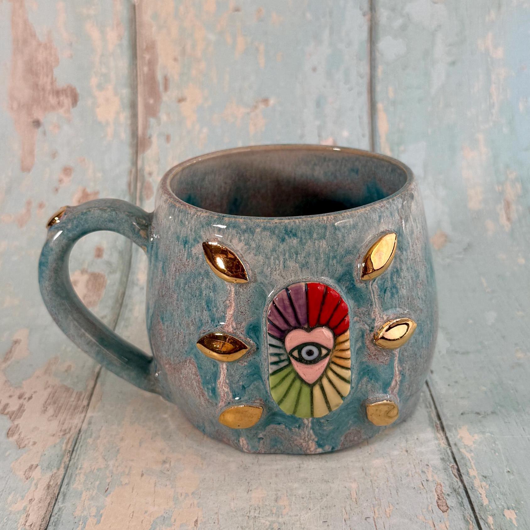 Mystical Heart Mug, Handmade Teal and Rainbow Ceramic Cup - Second