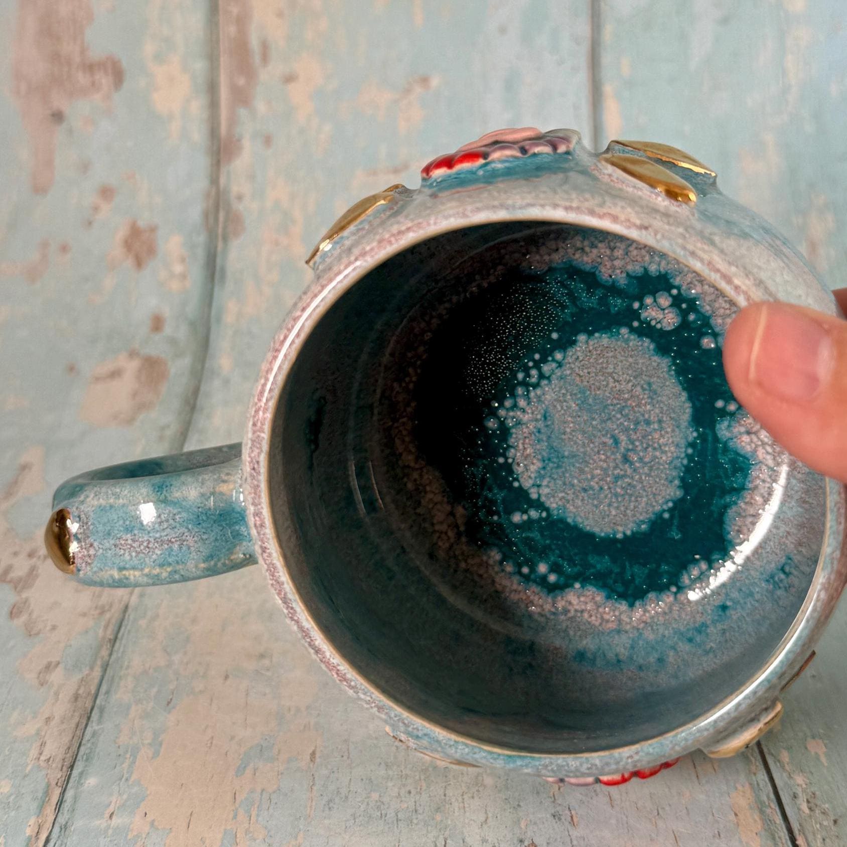 Mystical Heart Mug, Handmade Teal and Rainbow Ceramic Cup - Second