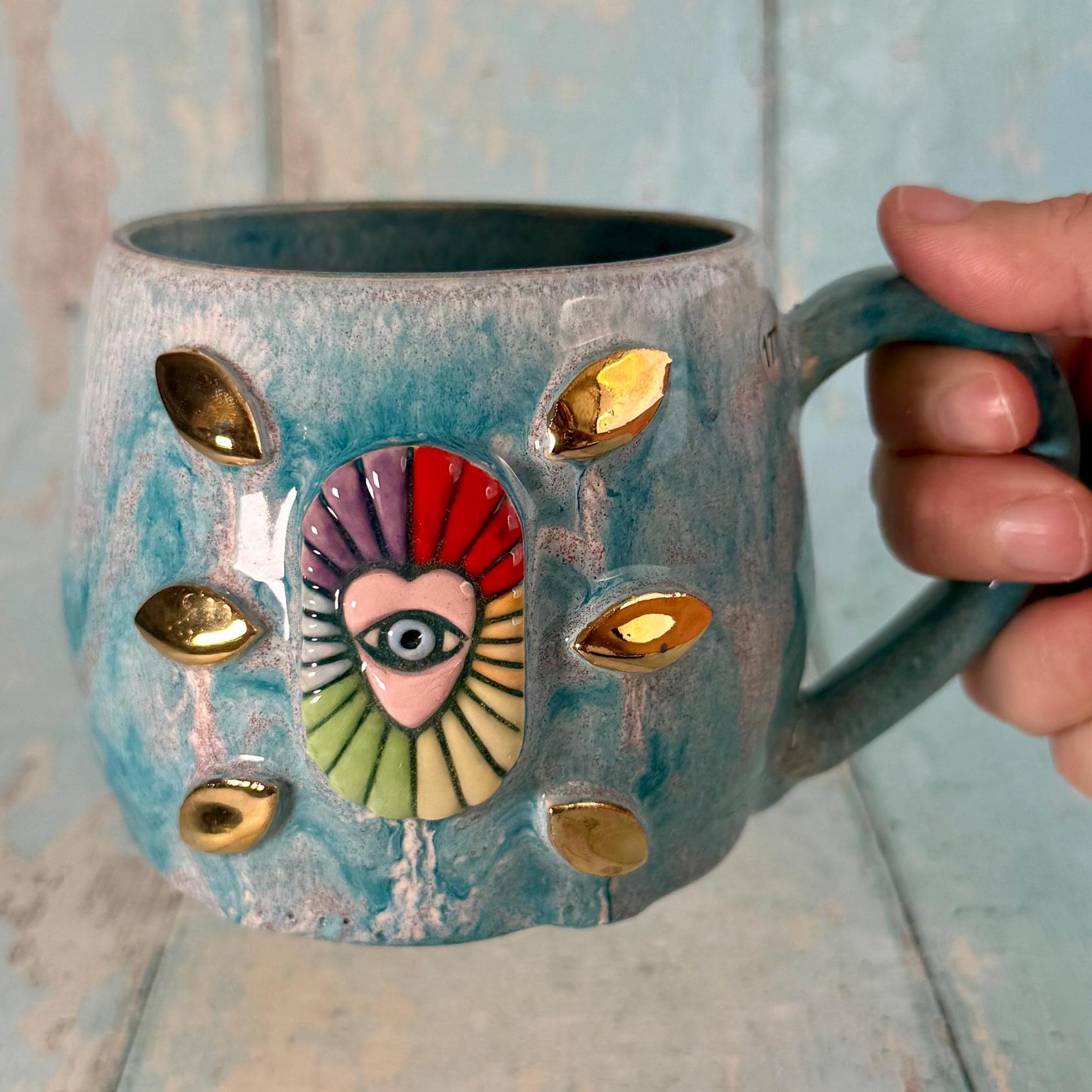 Mystical Heart Mug, Handmade Teal and Rainbow Ceramic Cup - Second