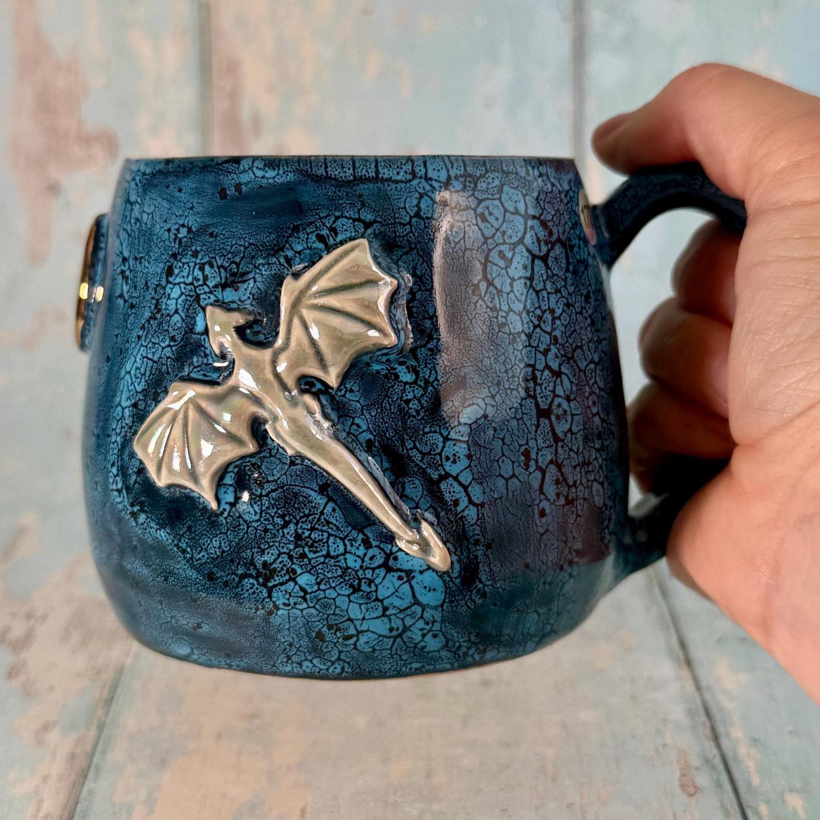 Handmade Blue Dragon Mug, Large Ceramic Cup