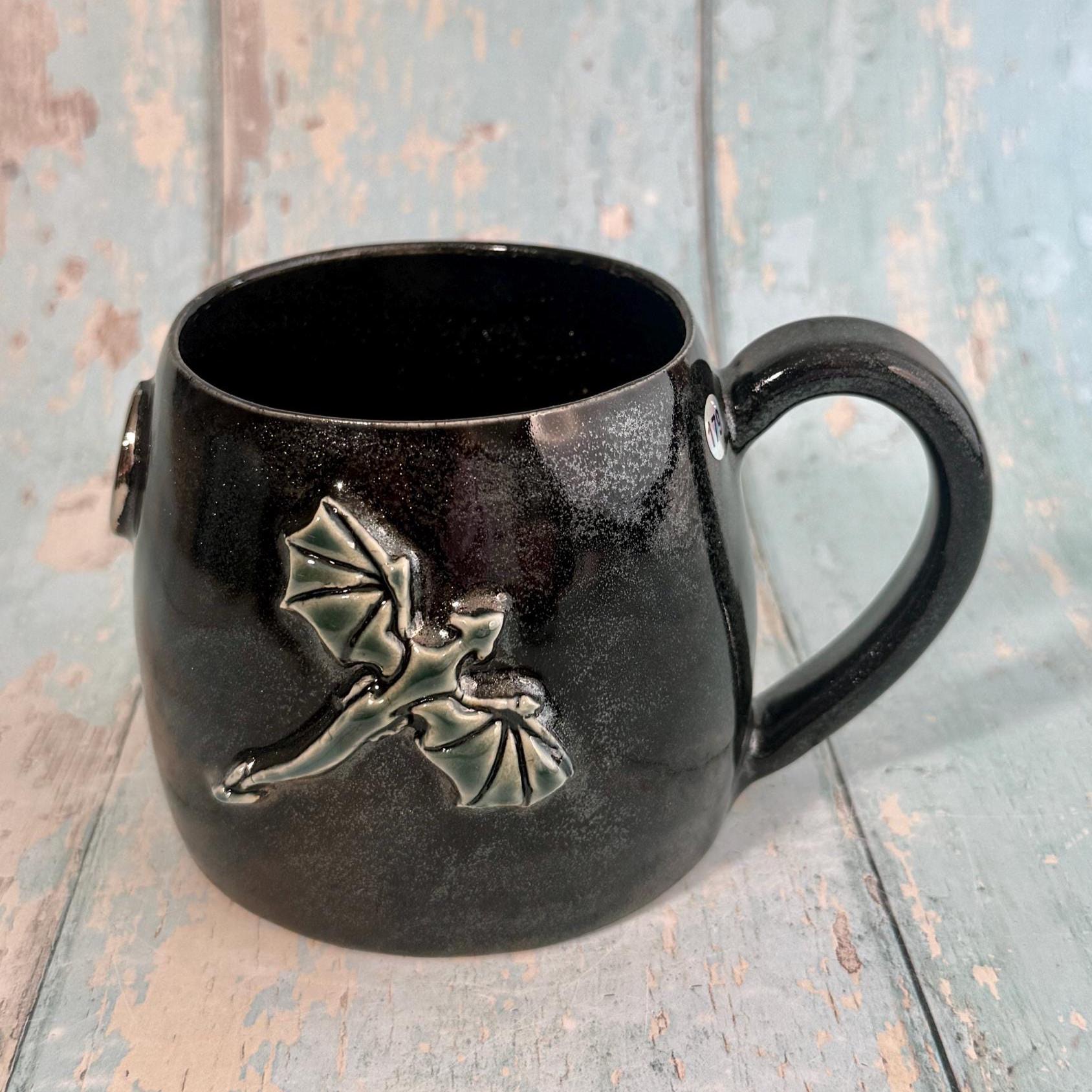 Handmade Black Glittery Dragon Mug, Large Ceramic Cup