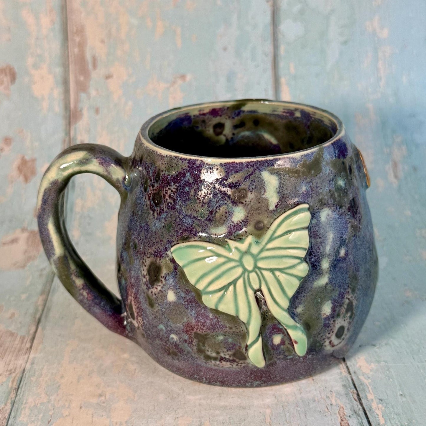 Purple and Green Luna Moth Mug, Large Ceramic Cup - Second