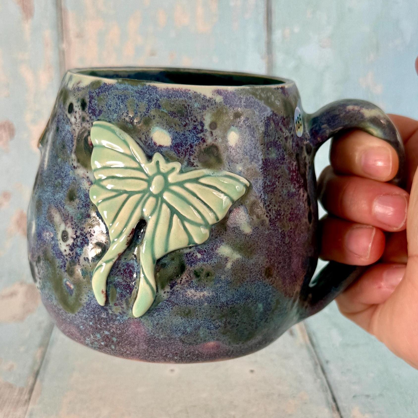 Purple and Green Luna Moth Mug, Large Ceramic Cup - Second