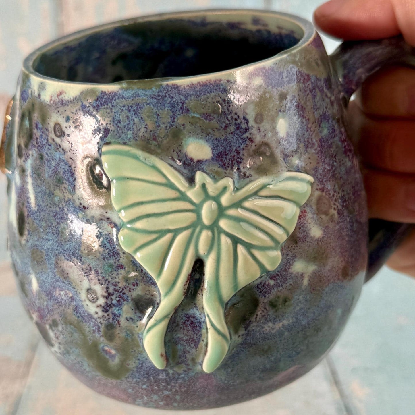 Purple and Green Luna Moth Mug, Large Ceramic Cup - Second