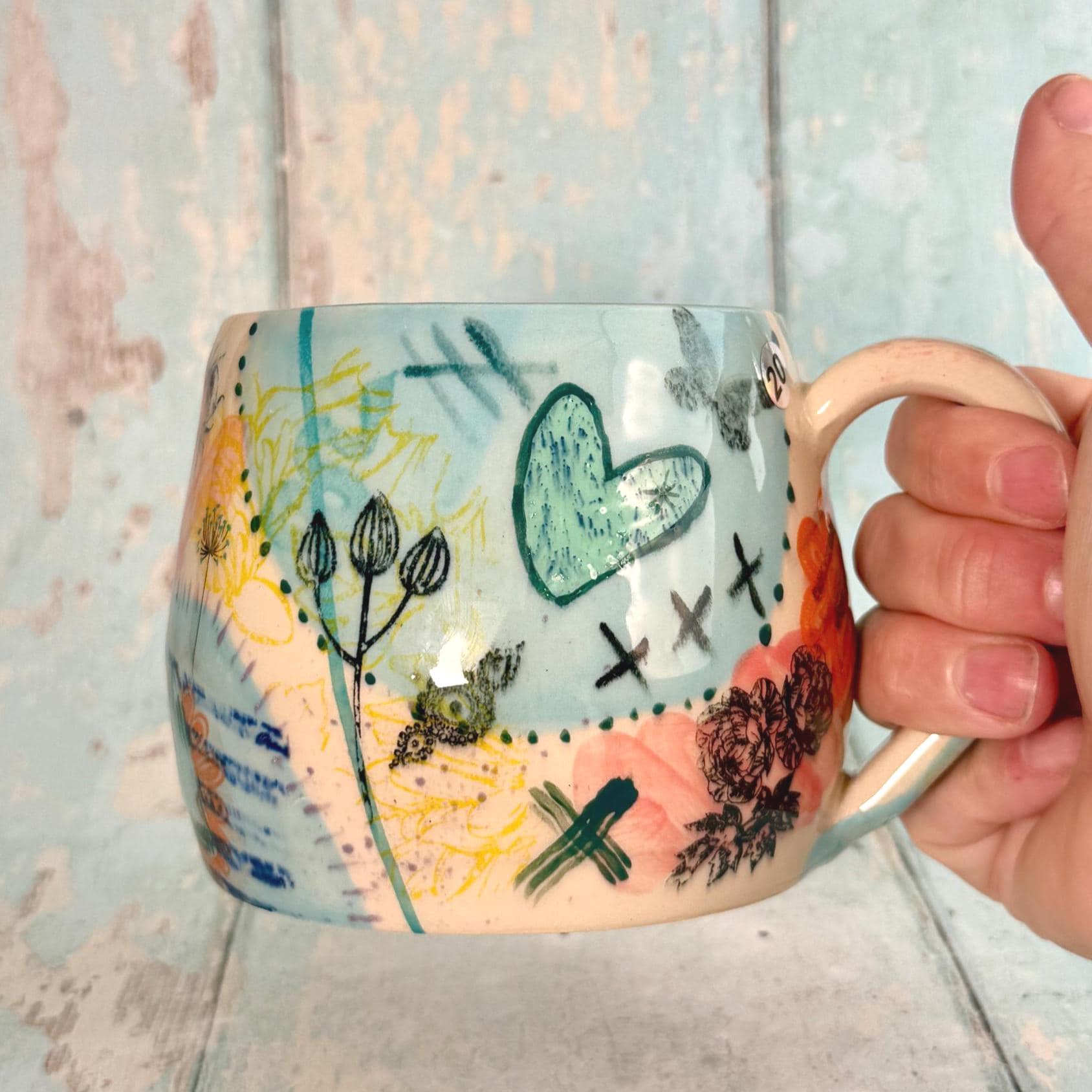 Blue Collage Mug, Handmade Ceramic Cup