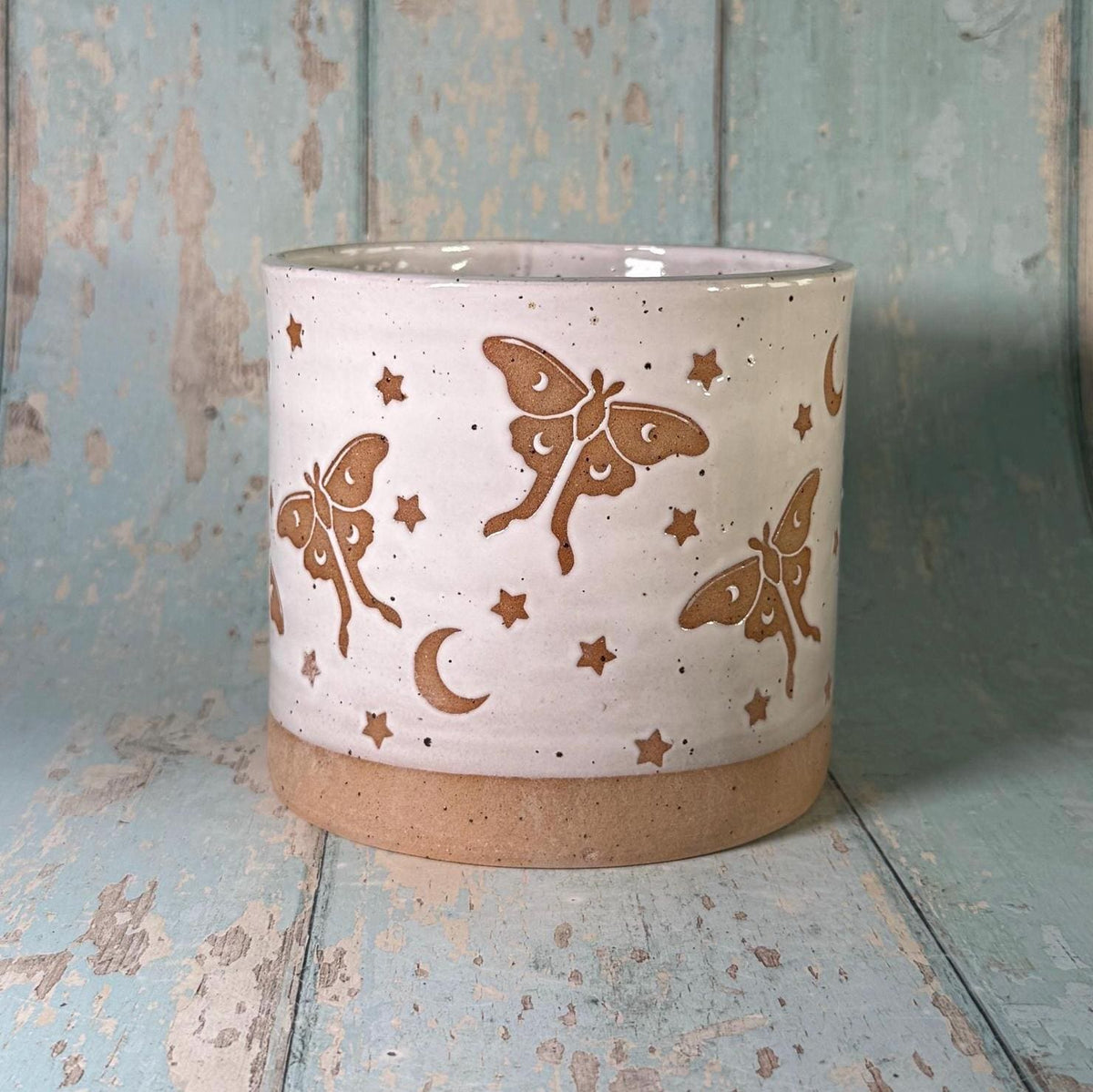 White Luna Moth and Moon Ceramic Planter, Indoor Plant Pot