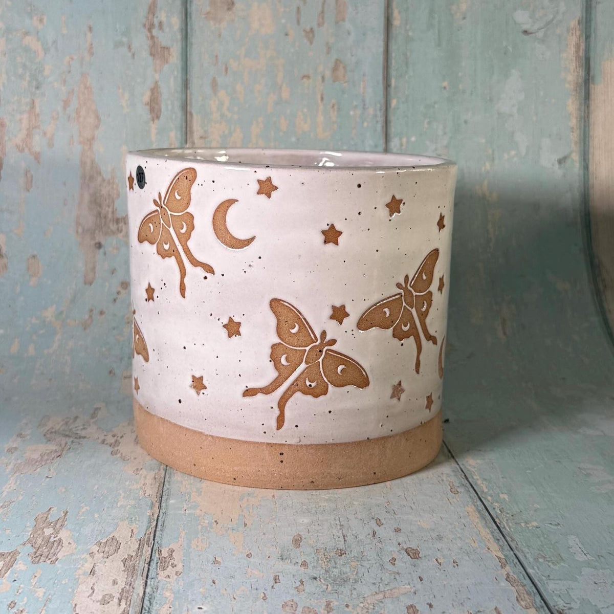 White Luna Moth and Moon Ceramic Planter, Indoor Plant Pot