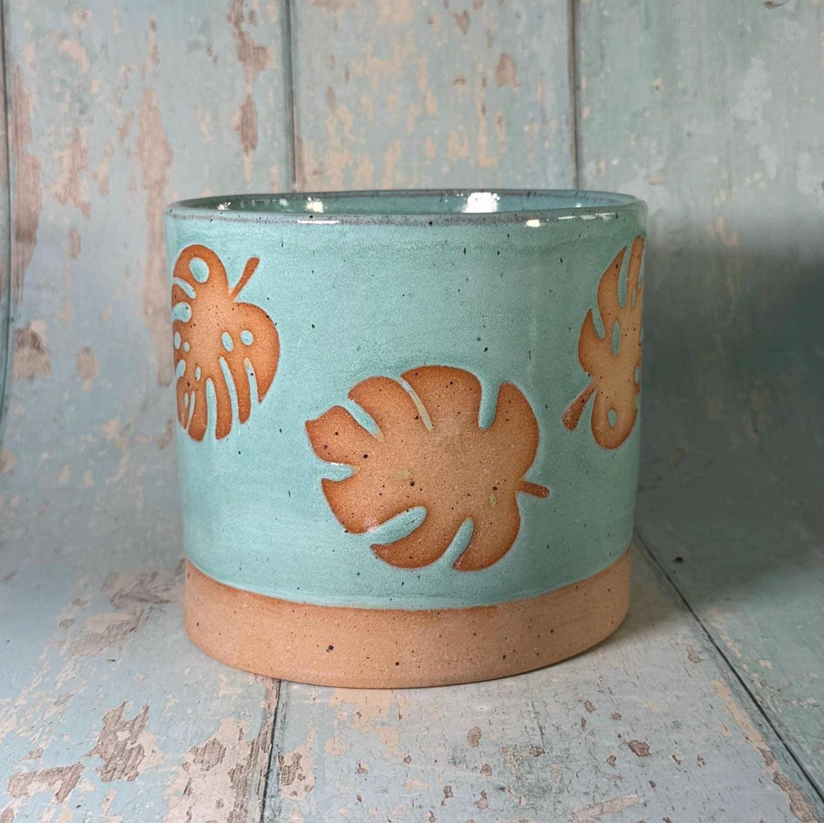 Aqua Green Monstera Planter, Ceramic Plant Pot