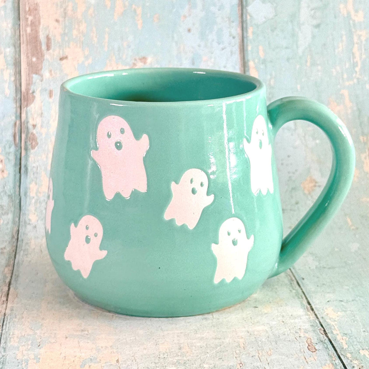 Turquoise Ghost Mug, Handmade Ceramic Cup, Spooky Halloween Mug