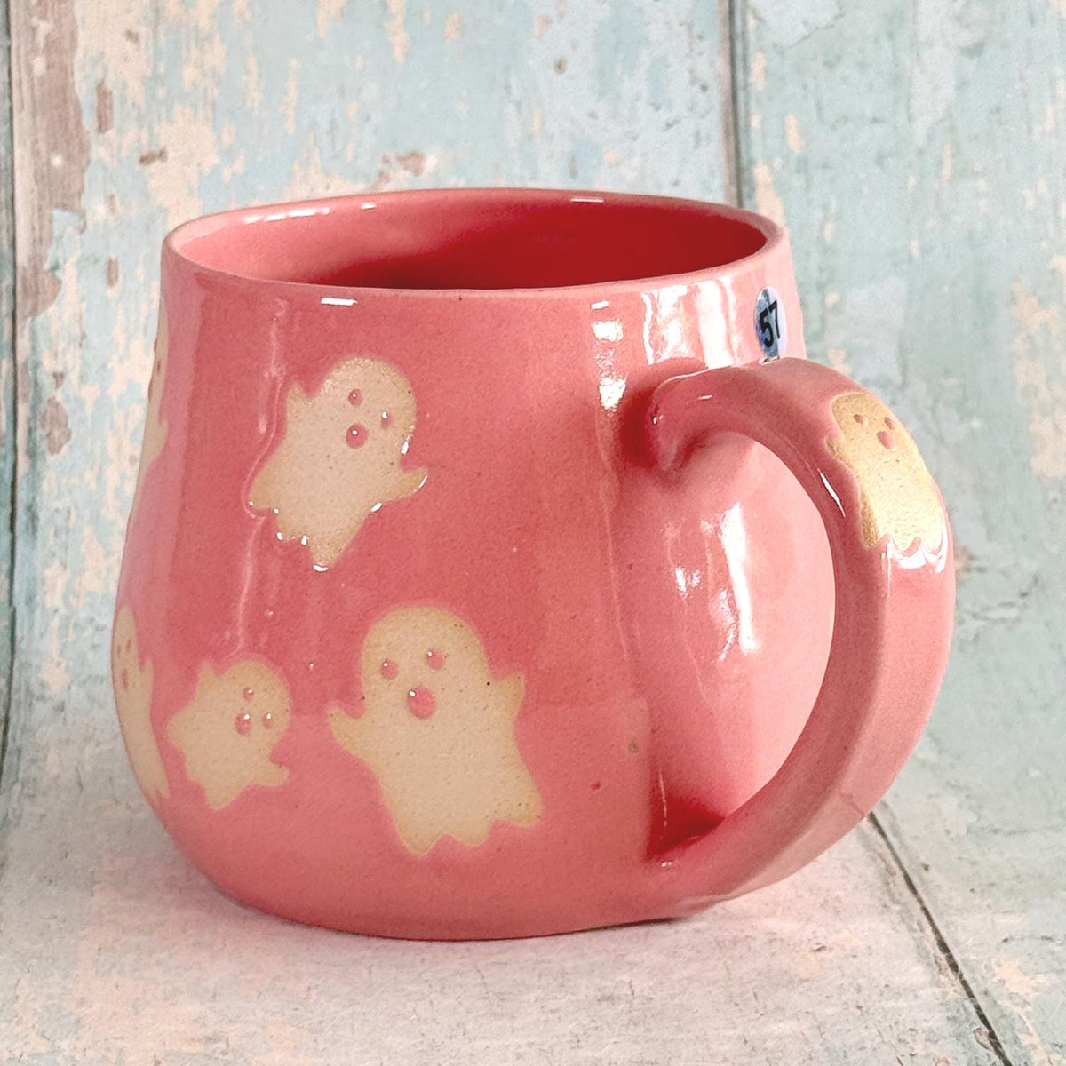 Pink Ghost Mug, Handmade Ceramic Cup, Spooky Halloween Mug
