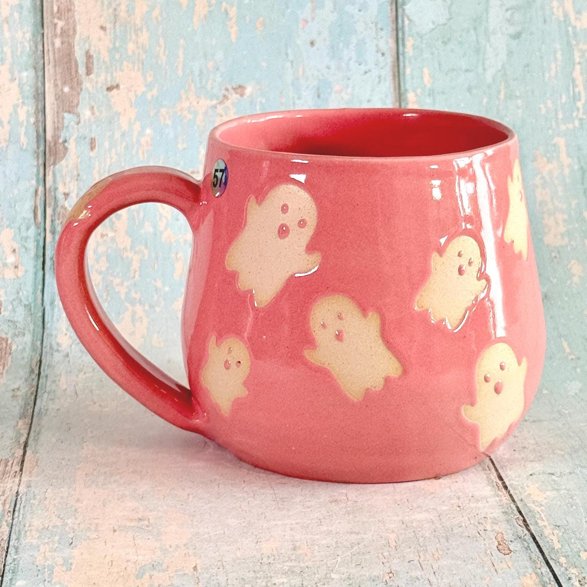 Pink Ghost Mug, Handmade Ceramic Cup, Spooky Halloween Mug