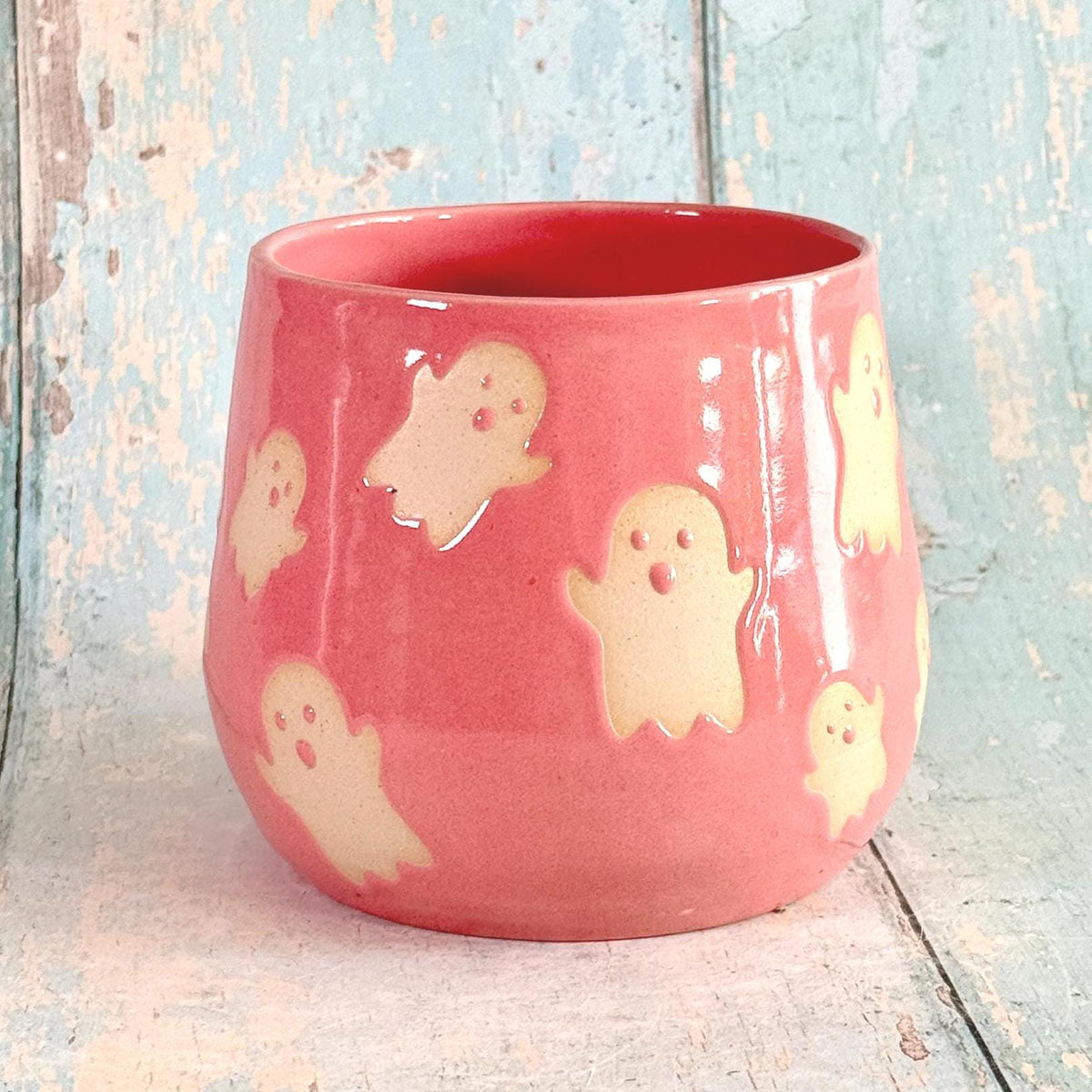 Pink Ghost Mug, Handmade Ceramic Cup, Spooky Halloween Mug