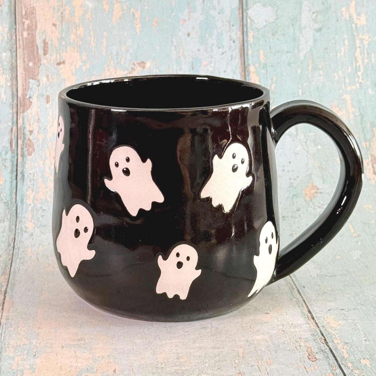 Black Ghost Mug, Handmade Ceramic Cup, Spooky Halloween Mug