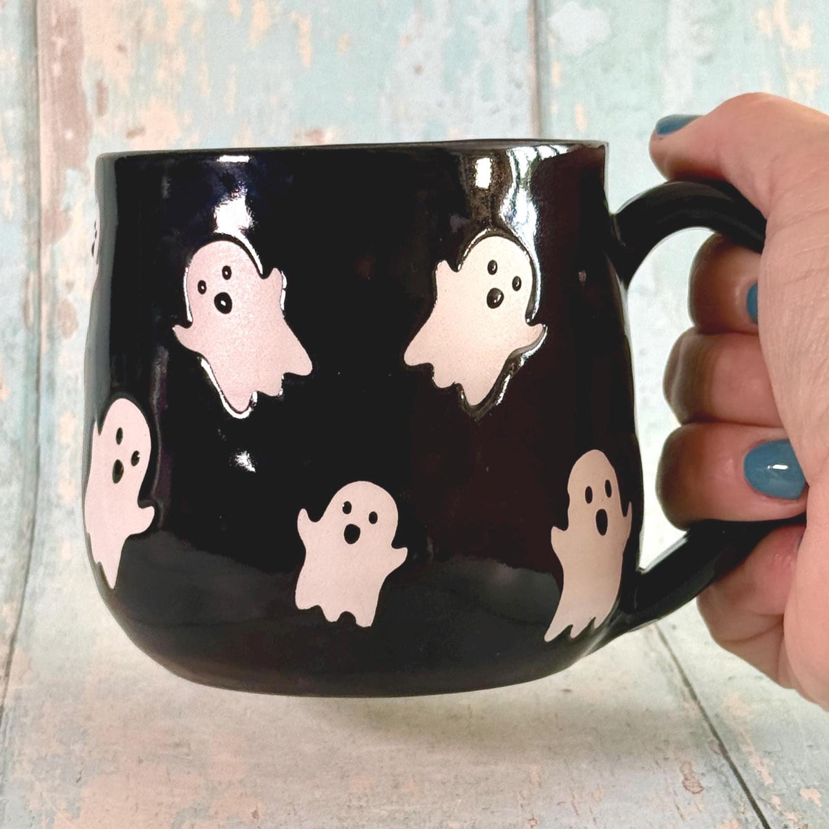 Black Ghost Mug, Handmade Ceramic Cup, Spooky Halloween Mug