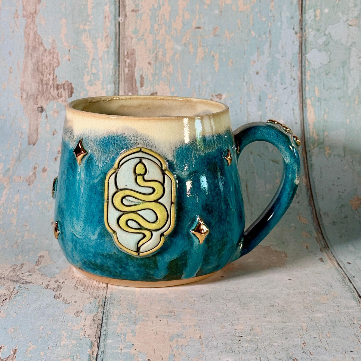 Teal Green Snake Mug, Handmade Ceramic Cup