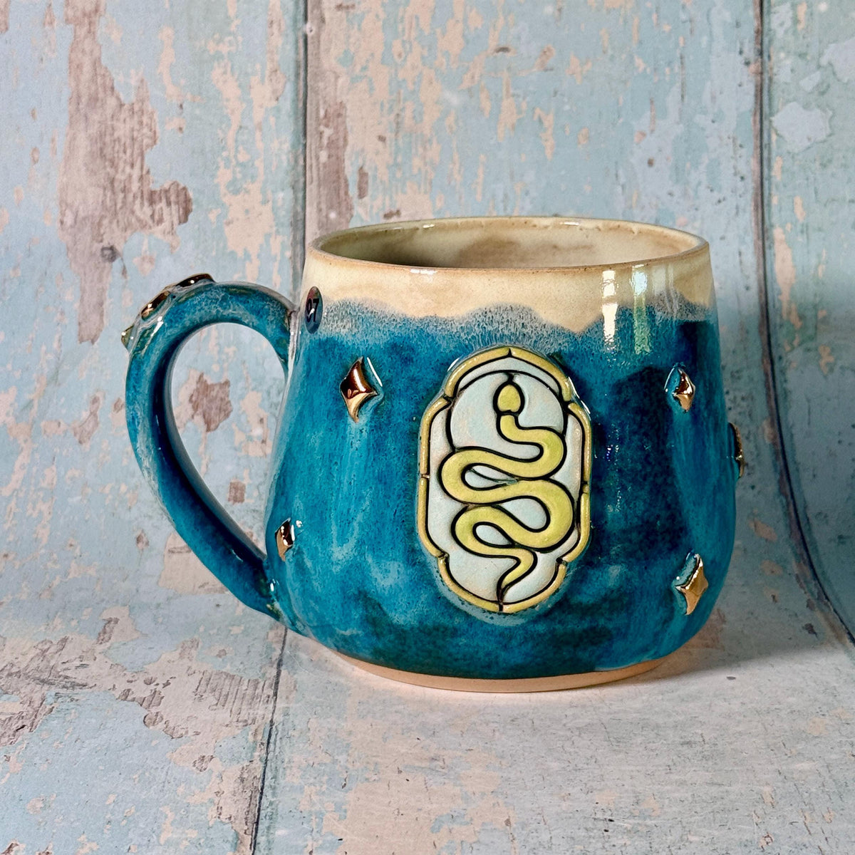Teal Green Snake Mug, Handmade Ceramic Cup
