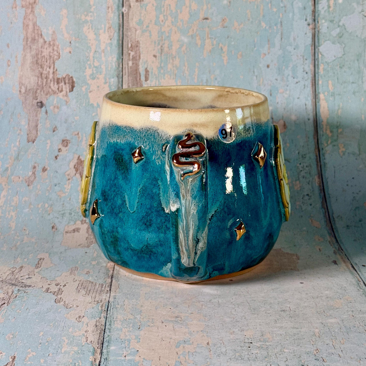 Teal Green Snake Mug, Handmade Ceramic Cup