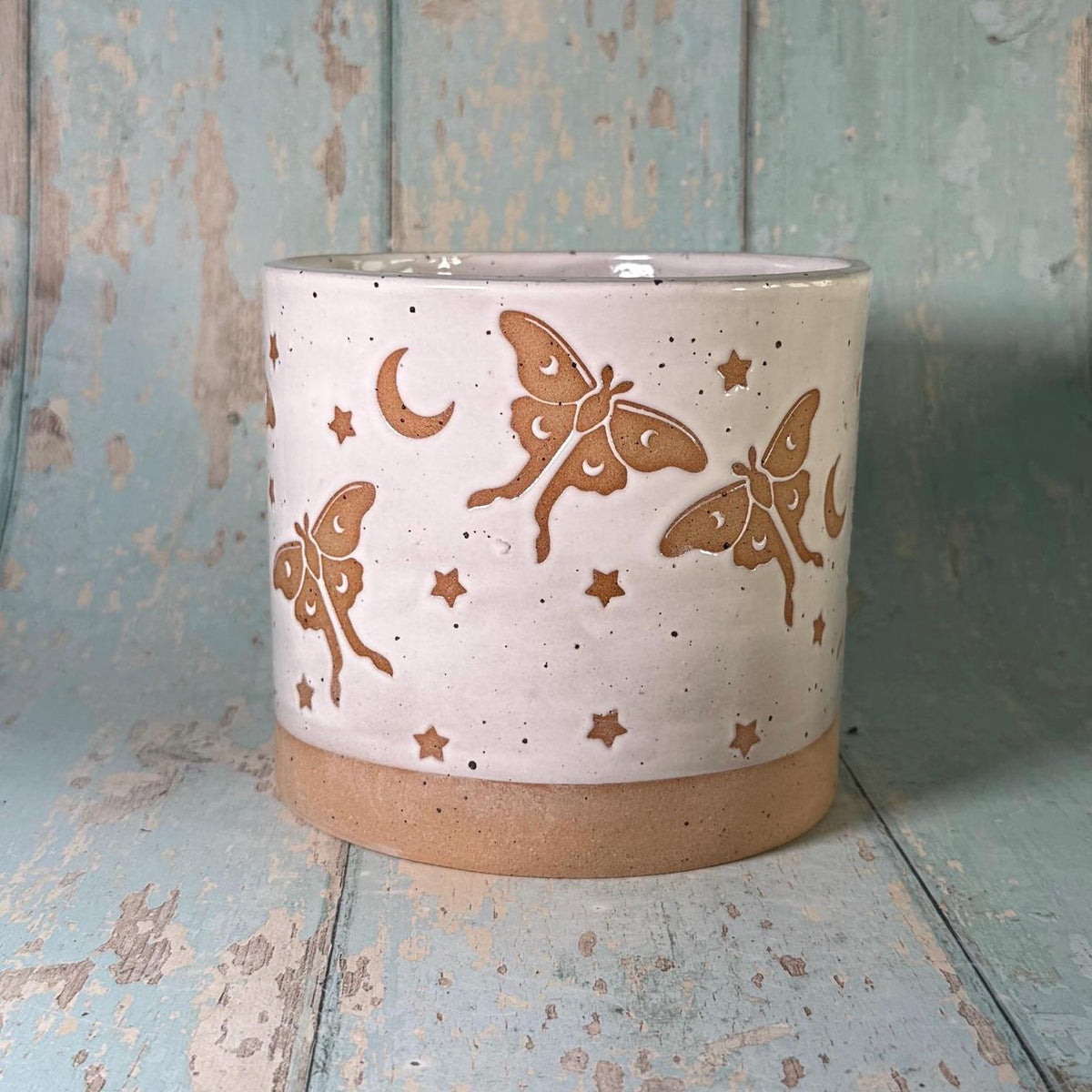 White Luna Moth and Moon Ceramic Planter, Indoor Plant Pot