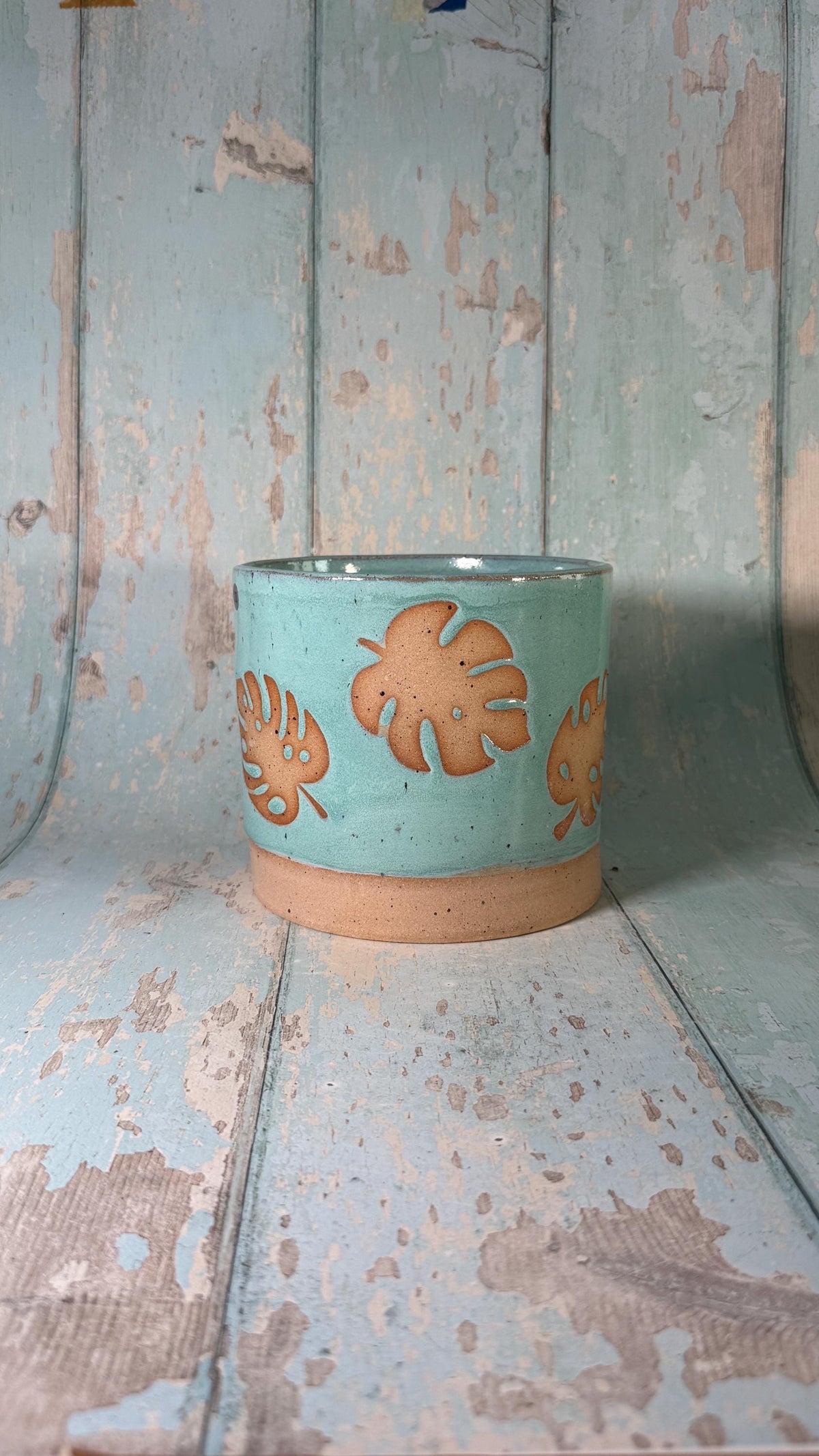 Aqua Green Monstera Planter, Ceramic Plant Pot