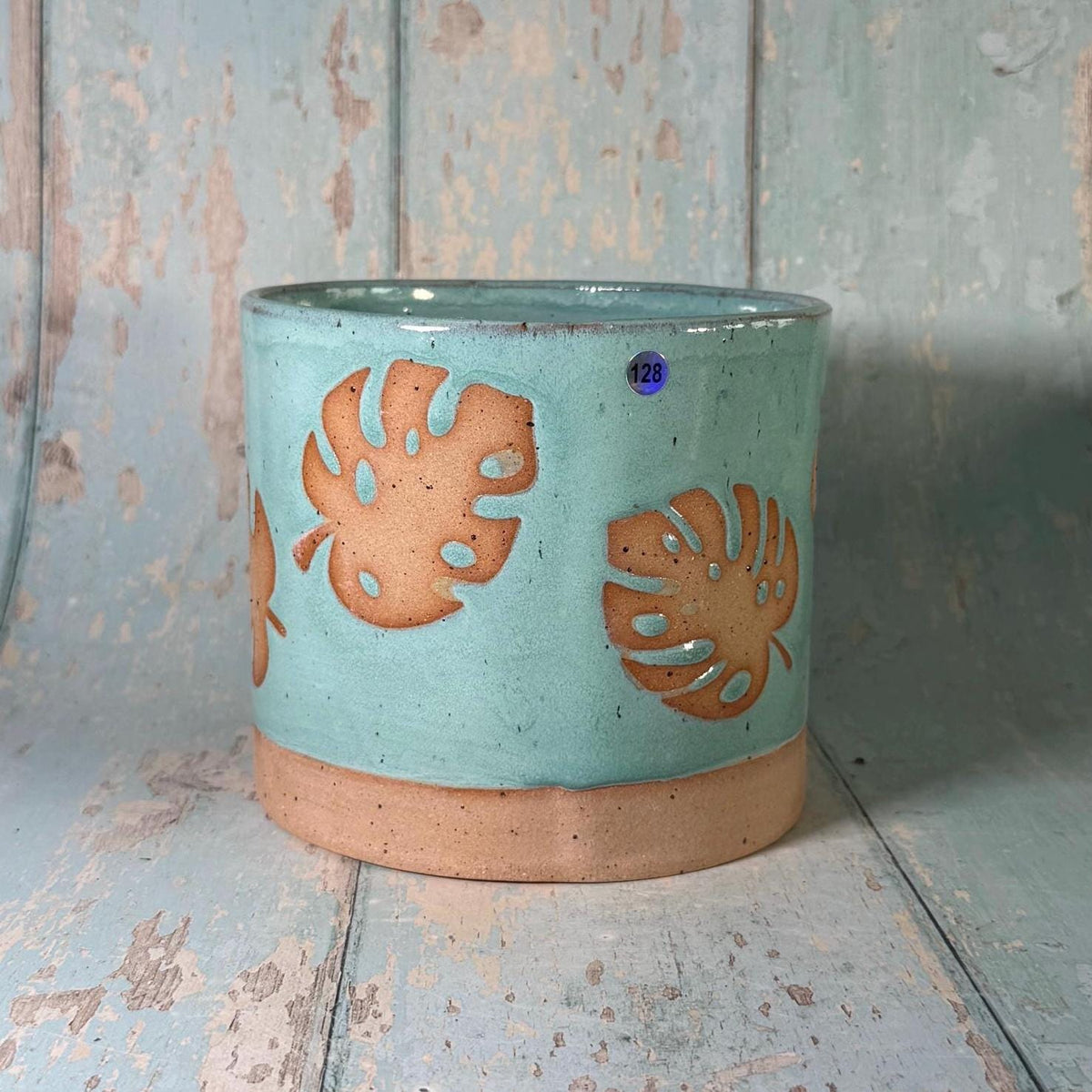 Aqua Green Monstera Planter, Ceramic Plant Pot