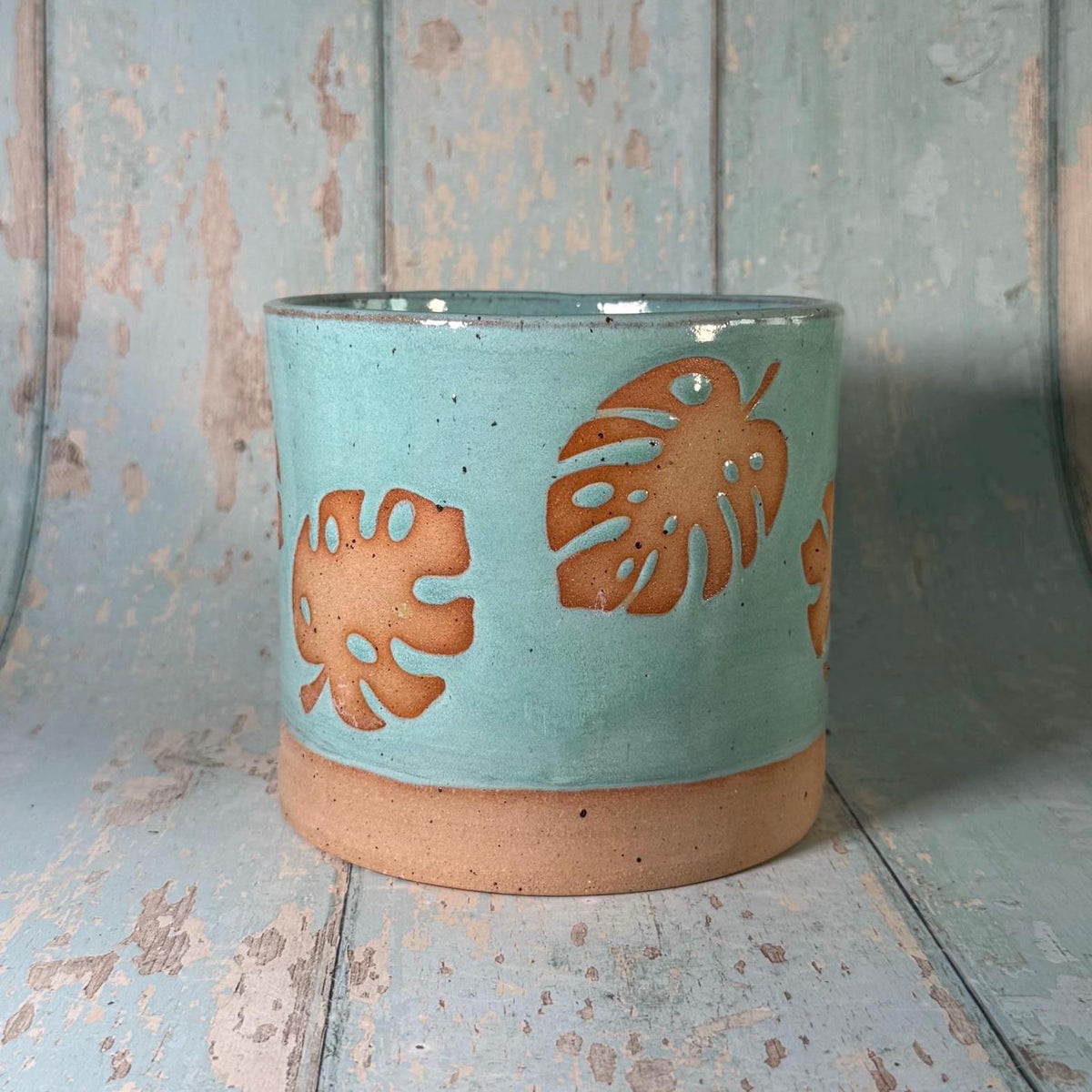 Aqua Green Monstera Planter, Ceramic Plant Pot