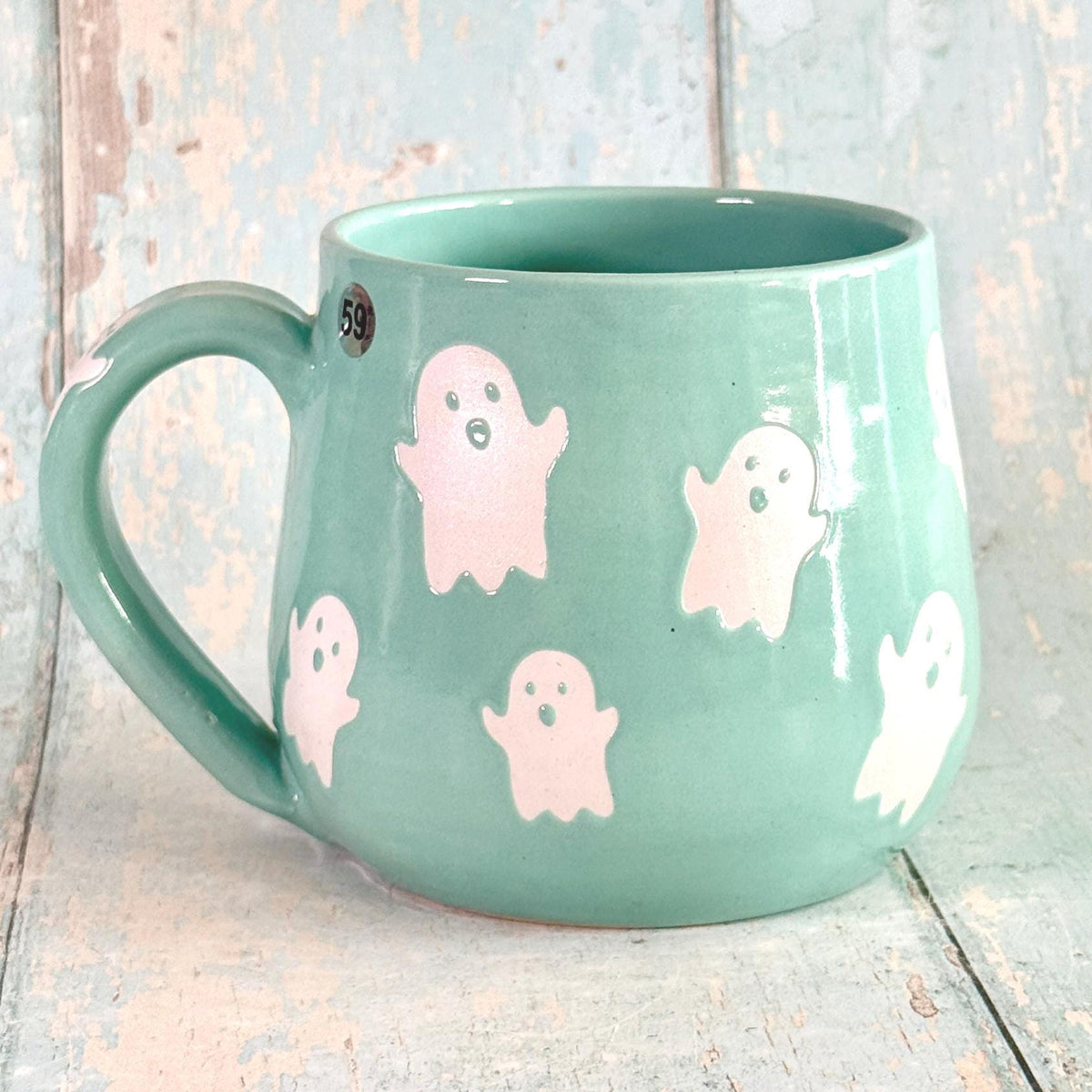Turquoise Ghost Mug, Handmade Ceramic Cup, Spooky Halloween Mug