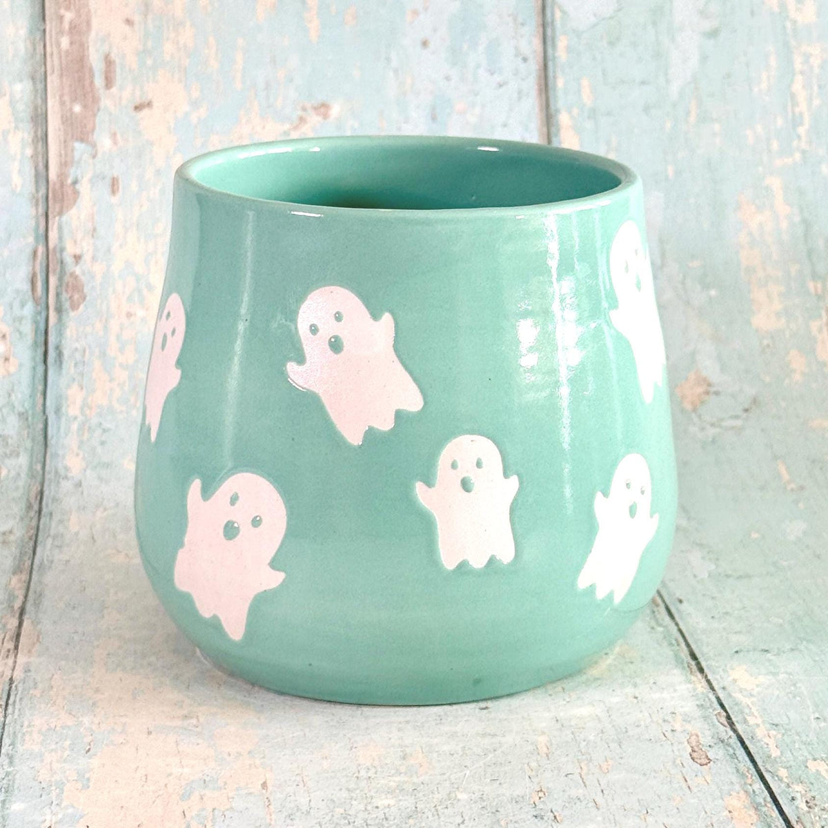 Turquoise Ghost Mug, Handmade Ceramic Cup, Spooky Halloween Mug