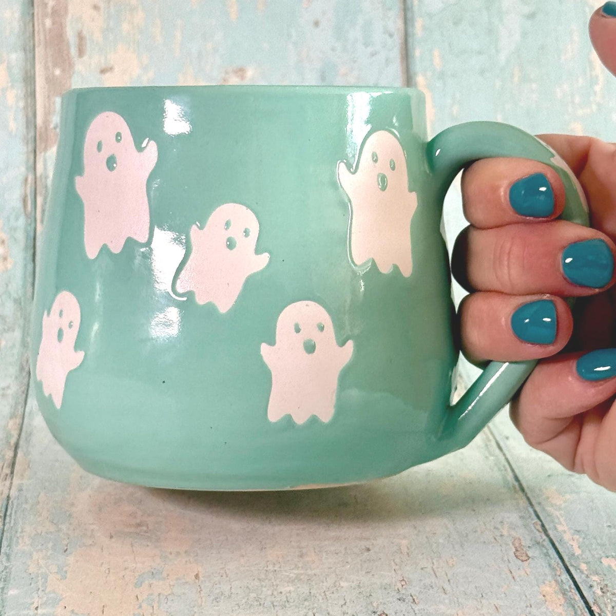 Turquoise Ghost Mug, Handmade Ceramic Cup, Spooky Halloween Mug