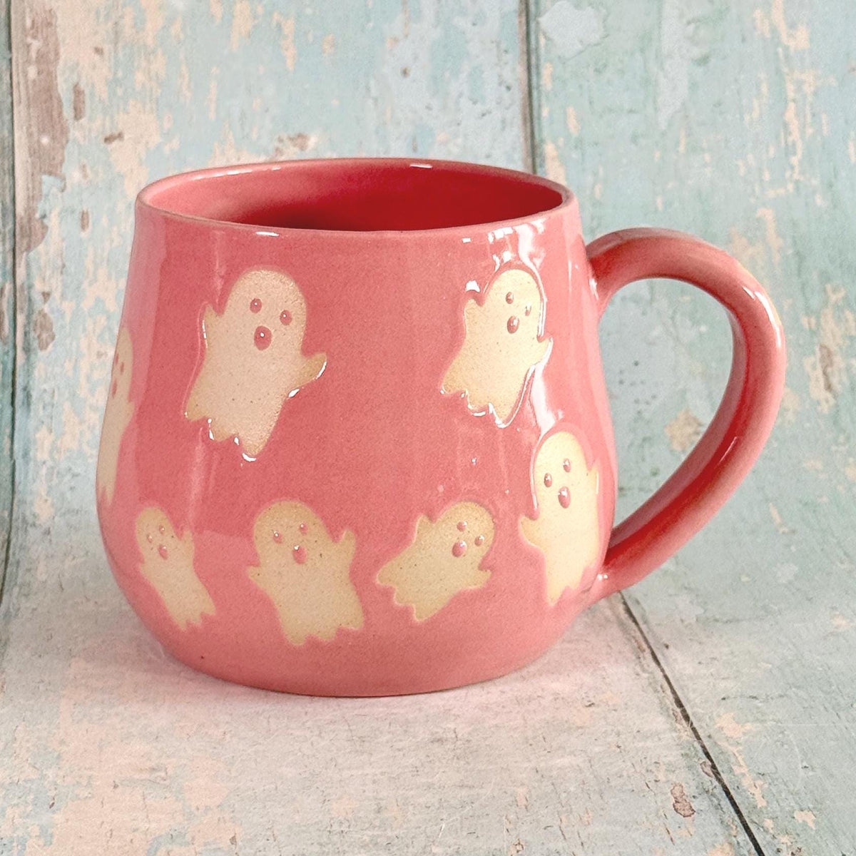 Pink Ghost Mug, Handmade Ceramic Cup, Spooky Halloween Mug