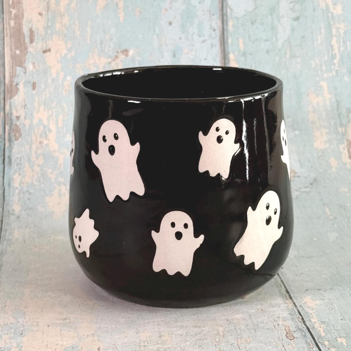 Black Ghost Mug, Handmade Ceramic Cup, Spooky Halloween Mug